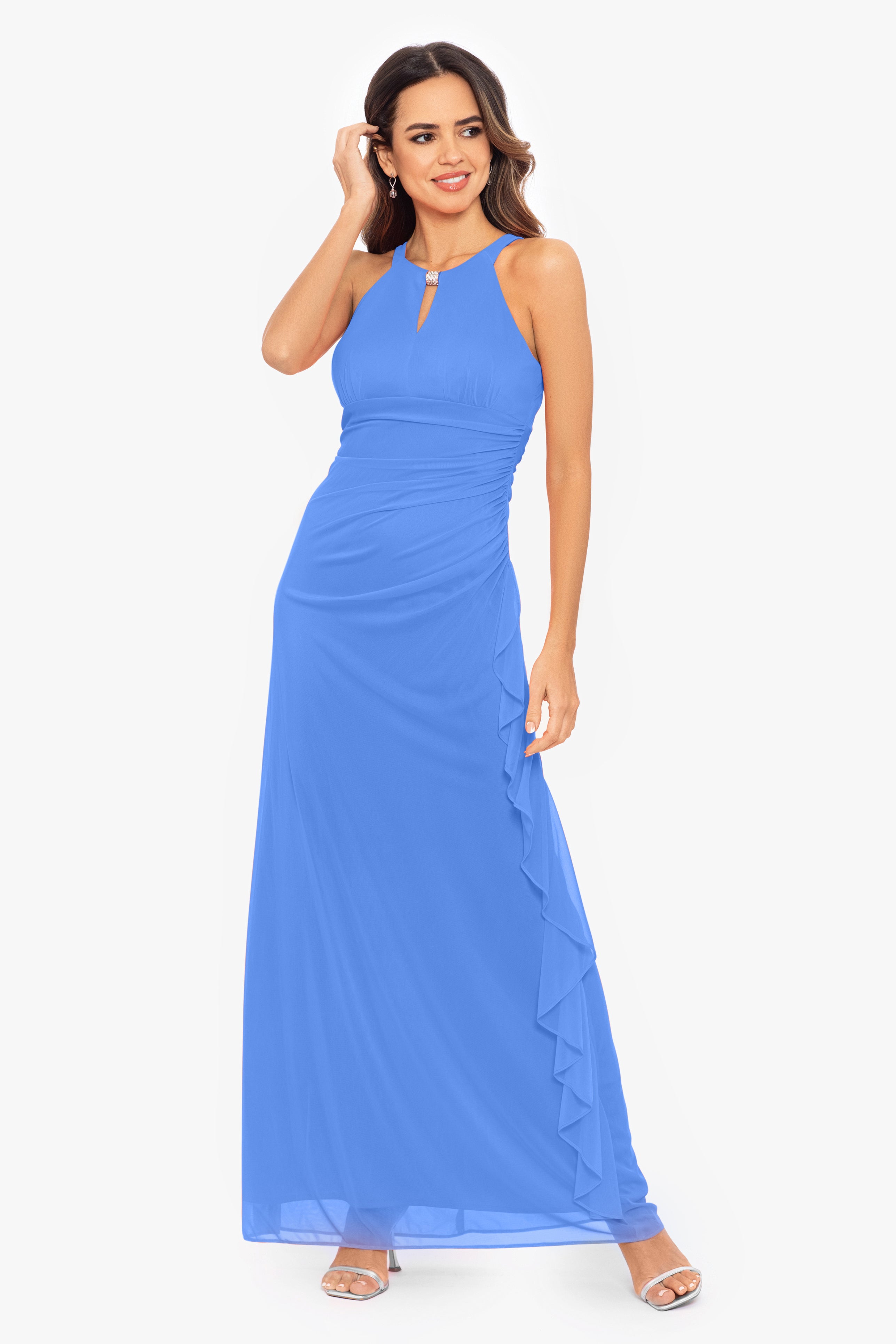 Betsy & Adam Women's Solid Halter Keyhole Cutout Gown, 4