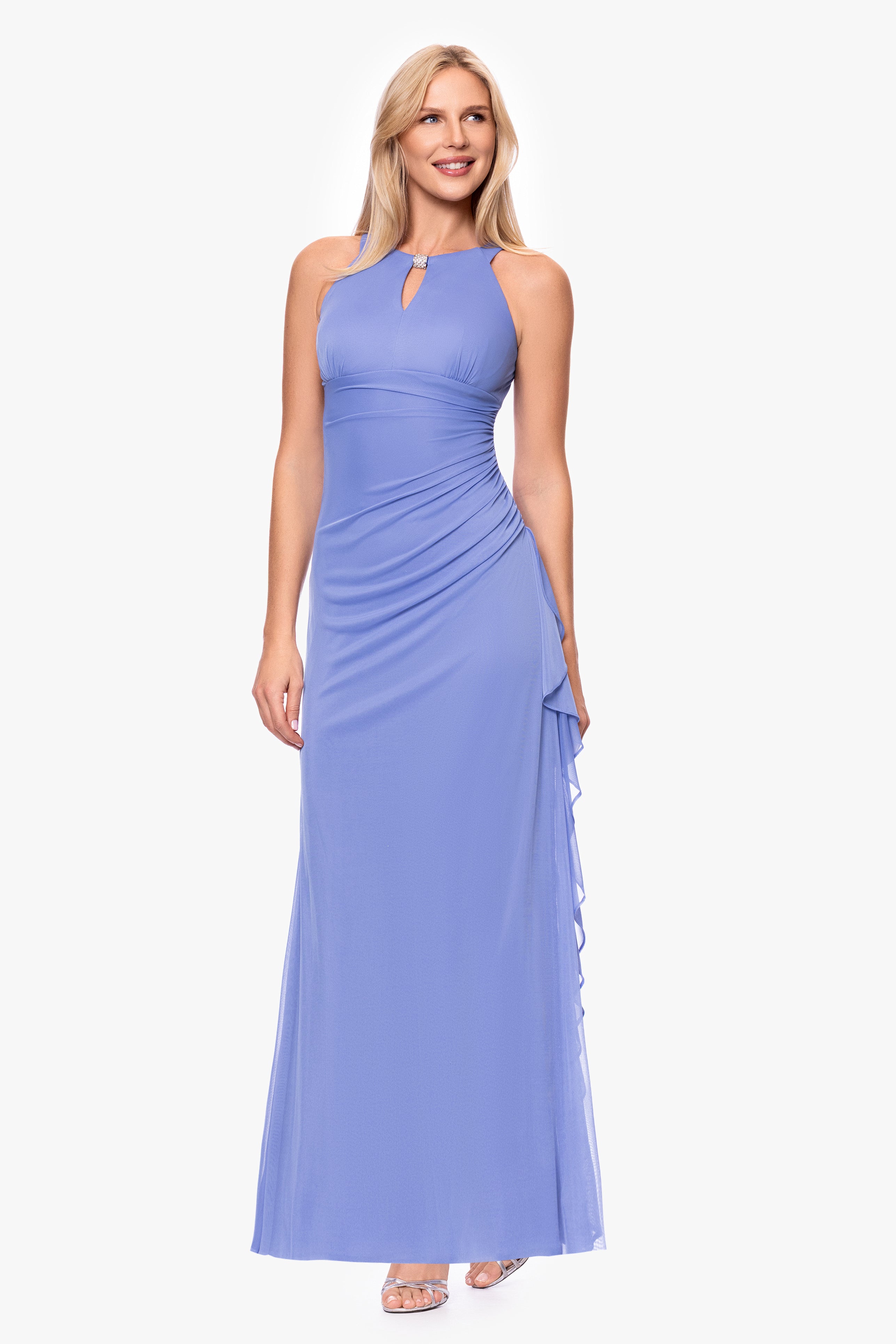 Petite "Petra" Sheer Matte Jersey Key Hole Floor Length Dress