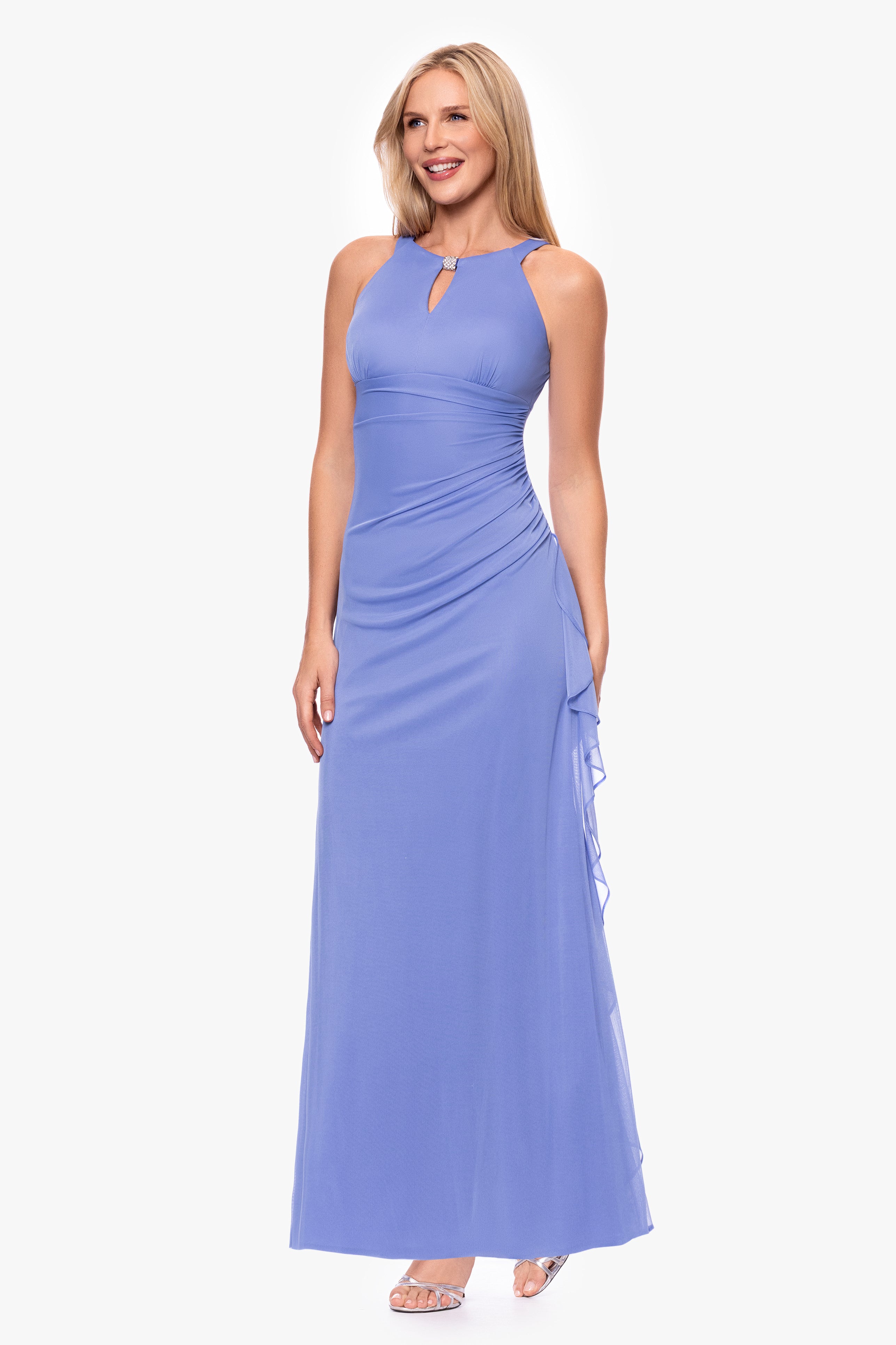 Petite "Petra" Sheer Matte Jersey Key Hole Floor Length Dress