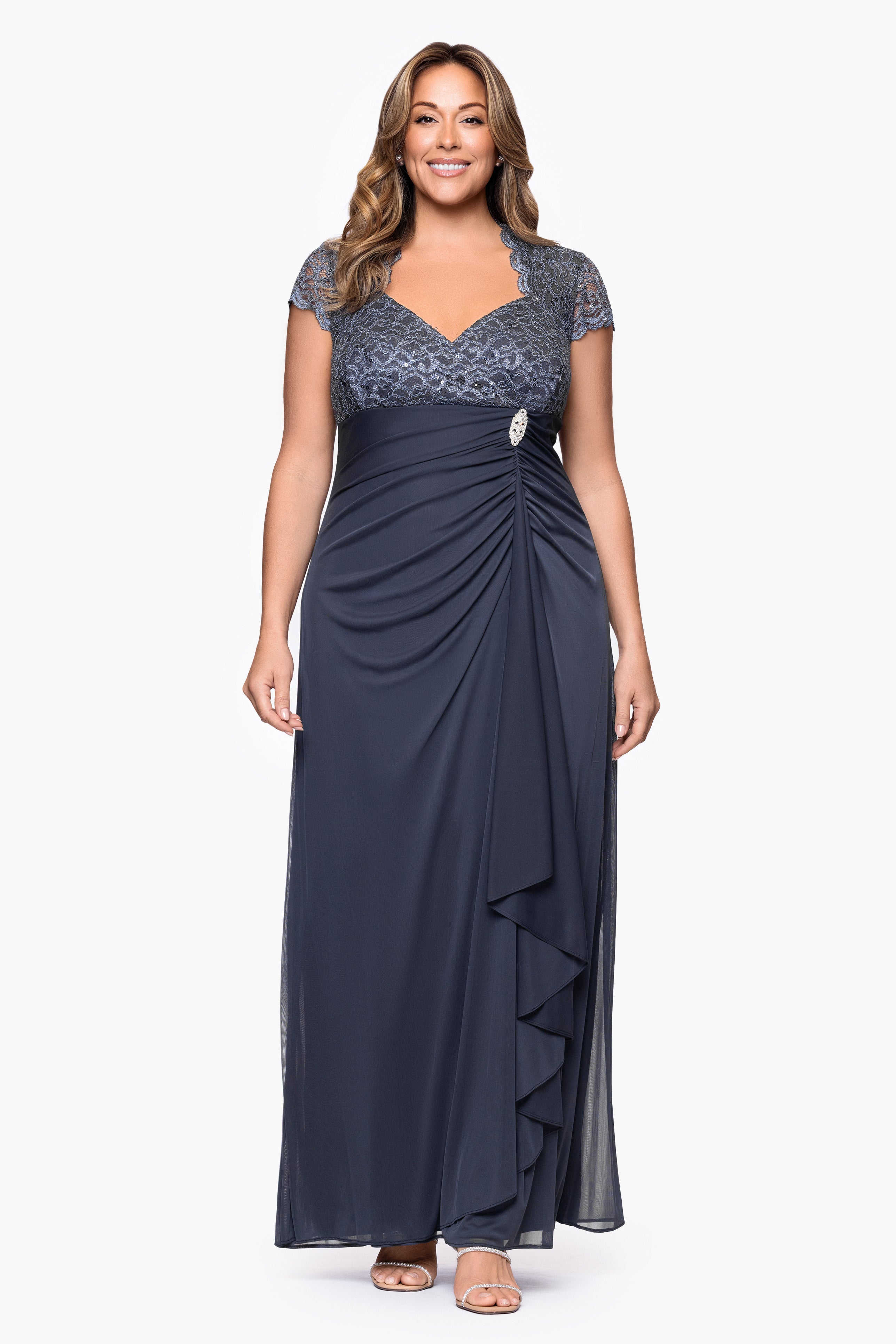 Plus "Kim" Sheer Matte Jersey Lace Cap Sleeve Dress