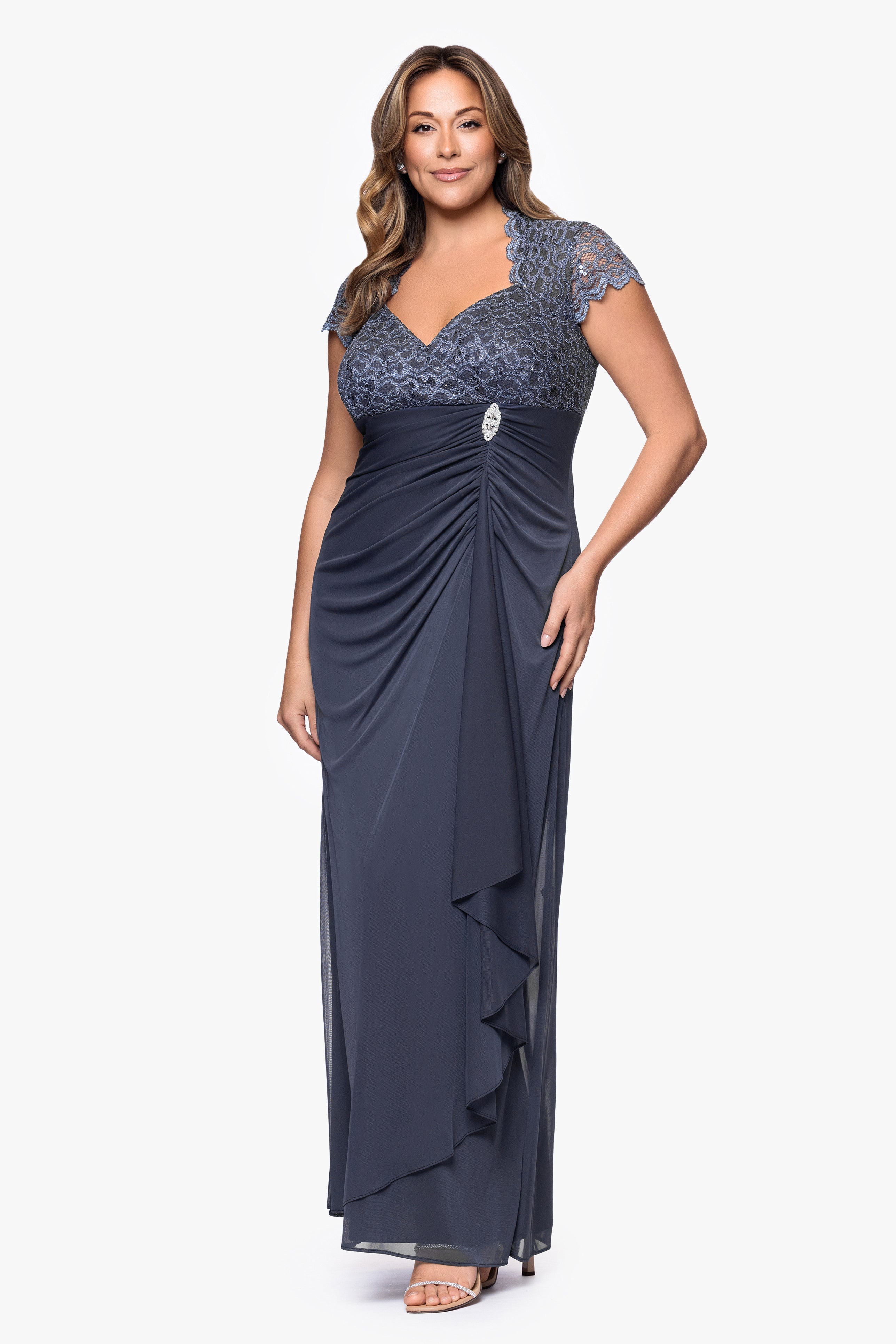 Plus "Kim" Sheer Matte Jersey Lace Cap Sleeve Dress