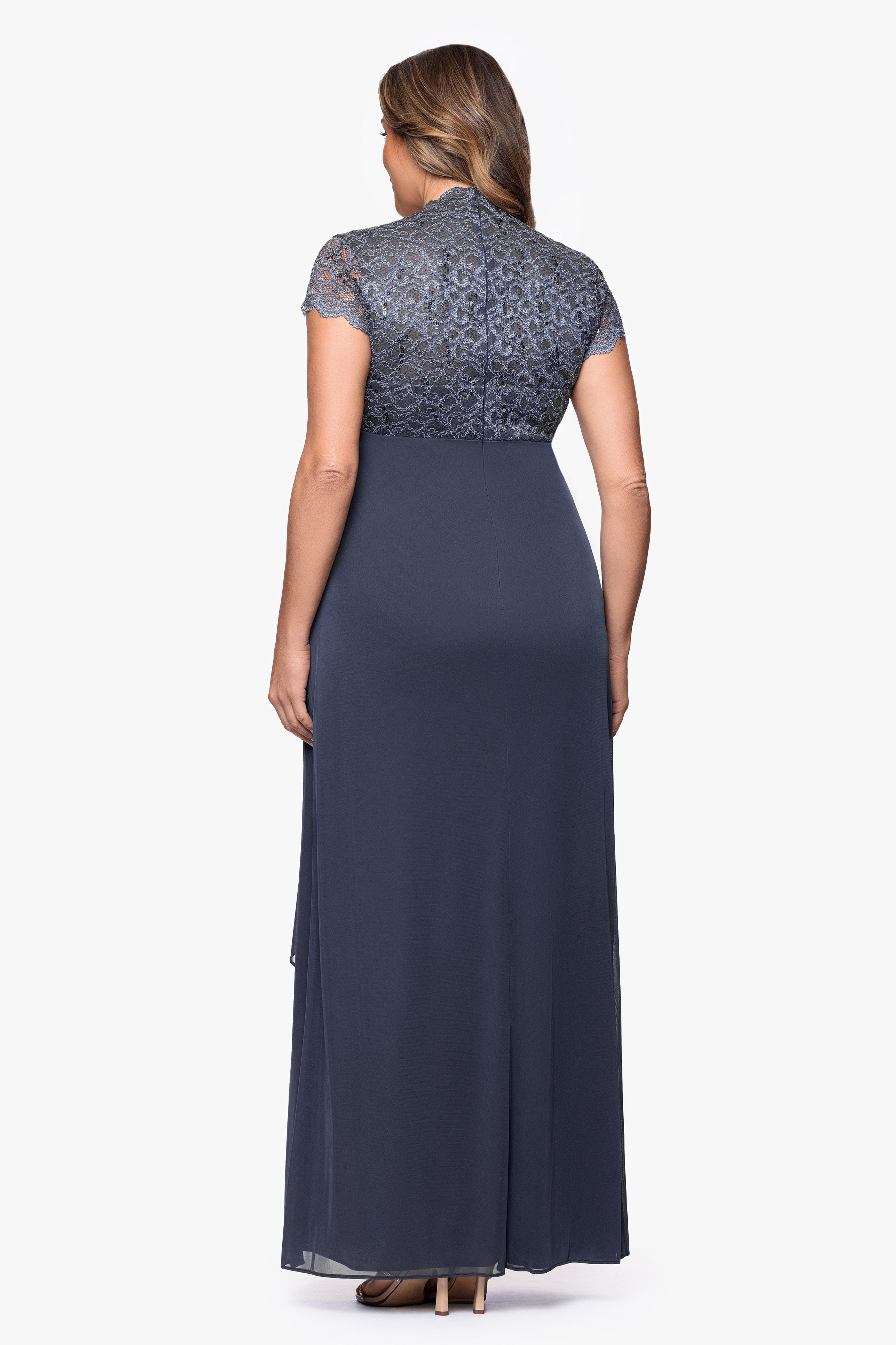 Plus "Kim" Sheer Matte Jersey Lace Cap Sleeve Dress