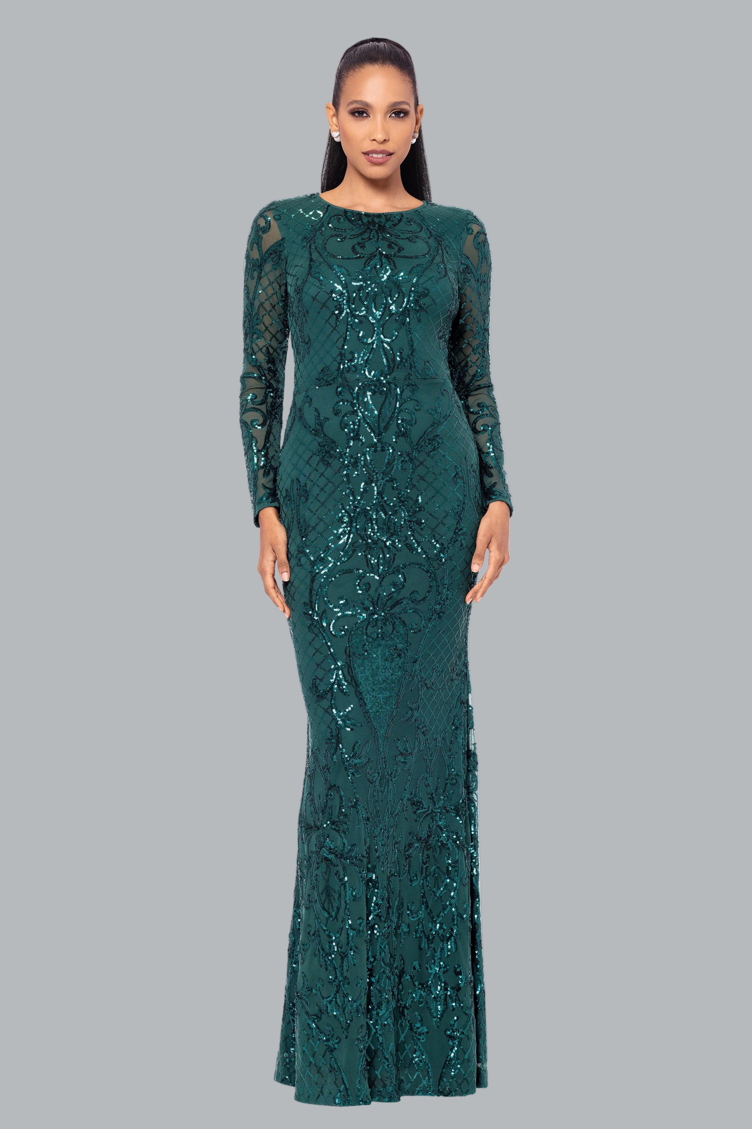 Nara" Long Sleeve Sequin Placement Gown Nara" Long Sleeve Sequin Placement Gown