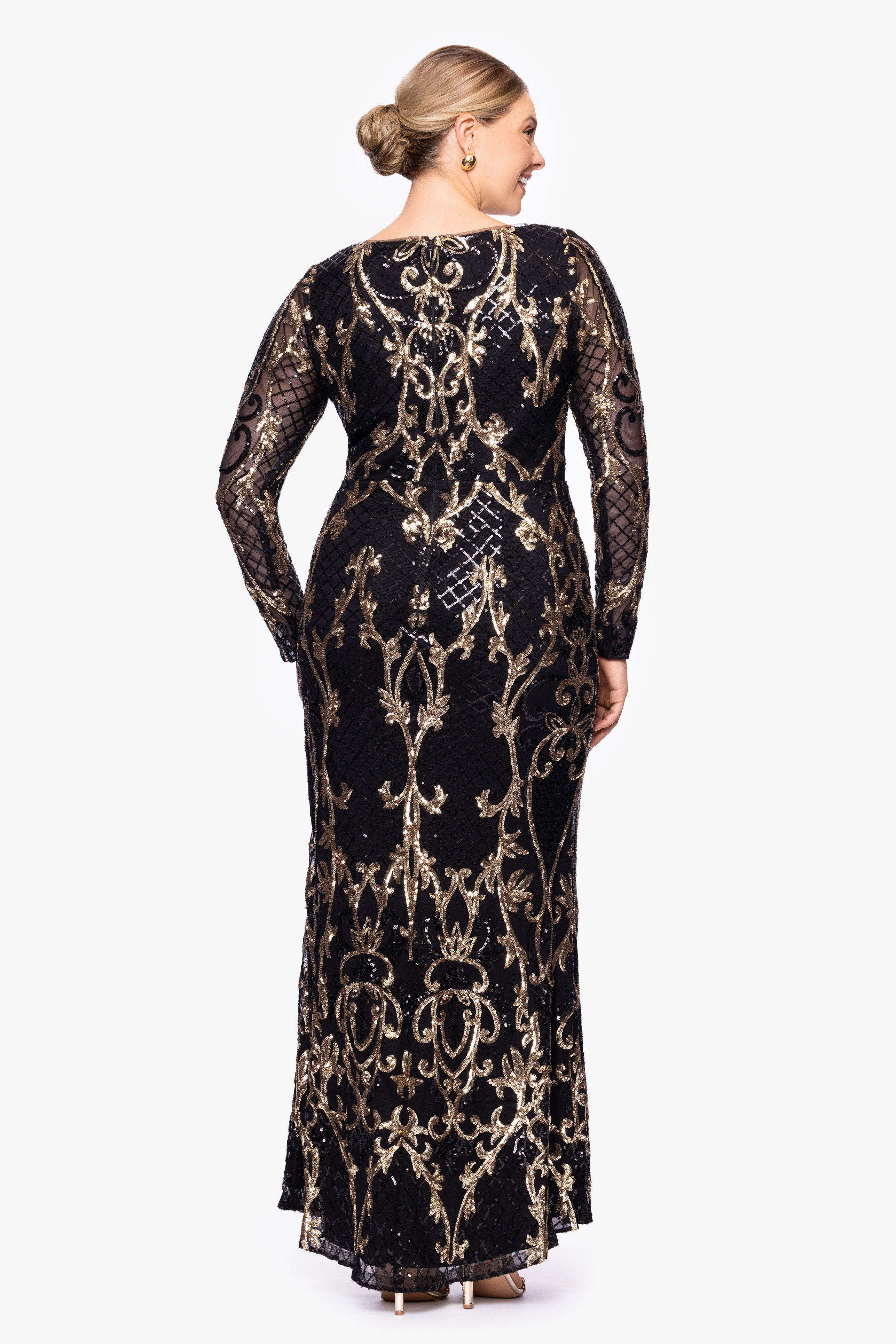 Plus "Nara" Long Sleeve Sequin Placement Gown