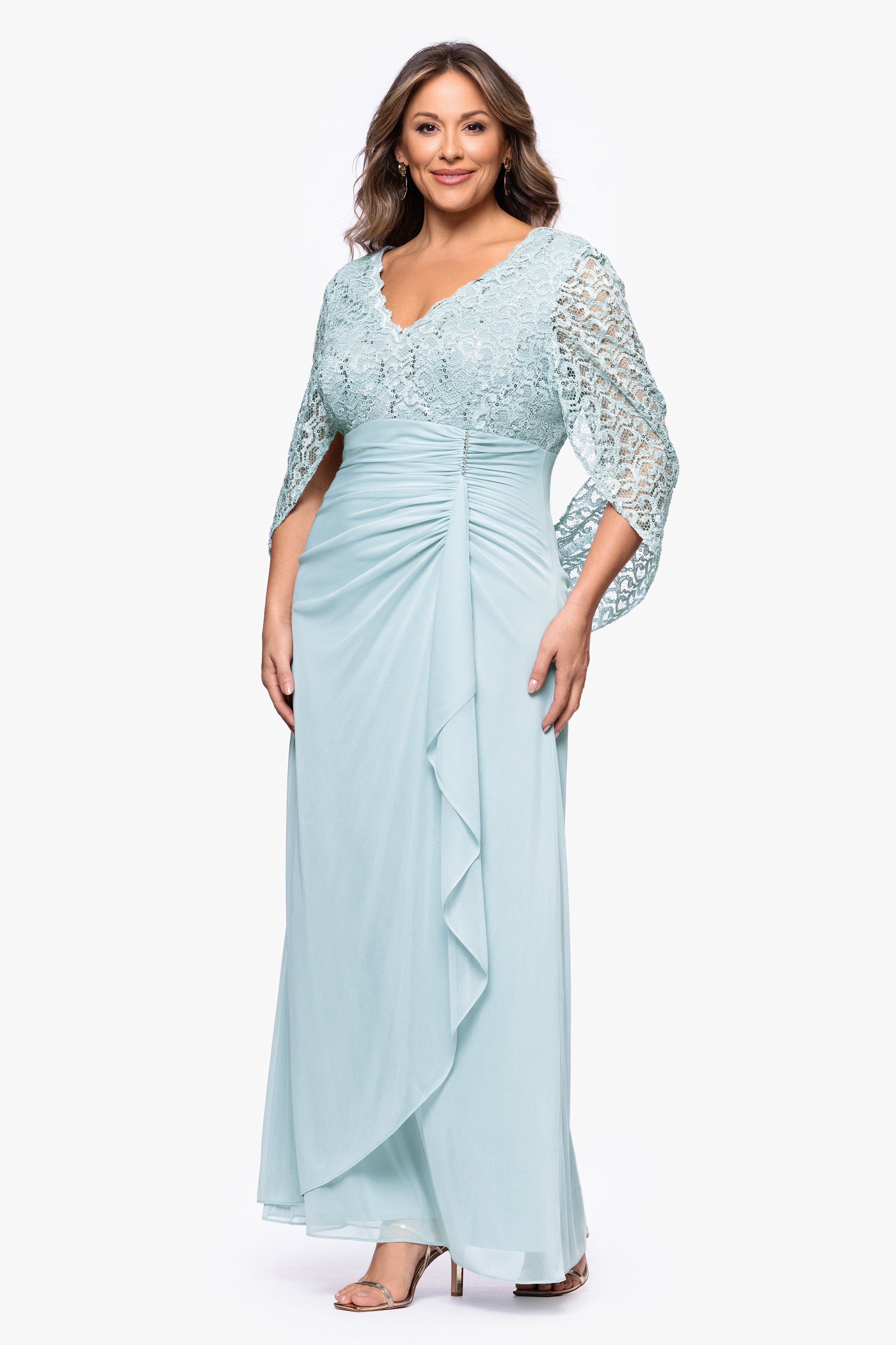 Plus "Parker" Sheer Jersey and Lace Cape Sleeve Floor Length Dress