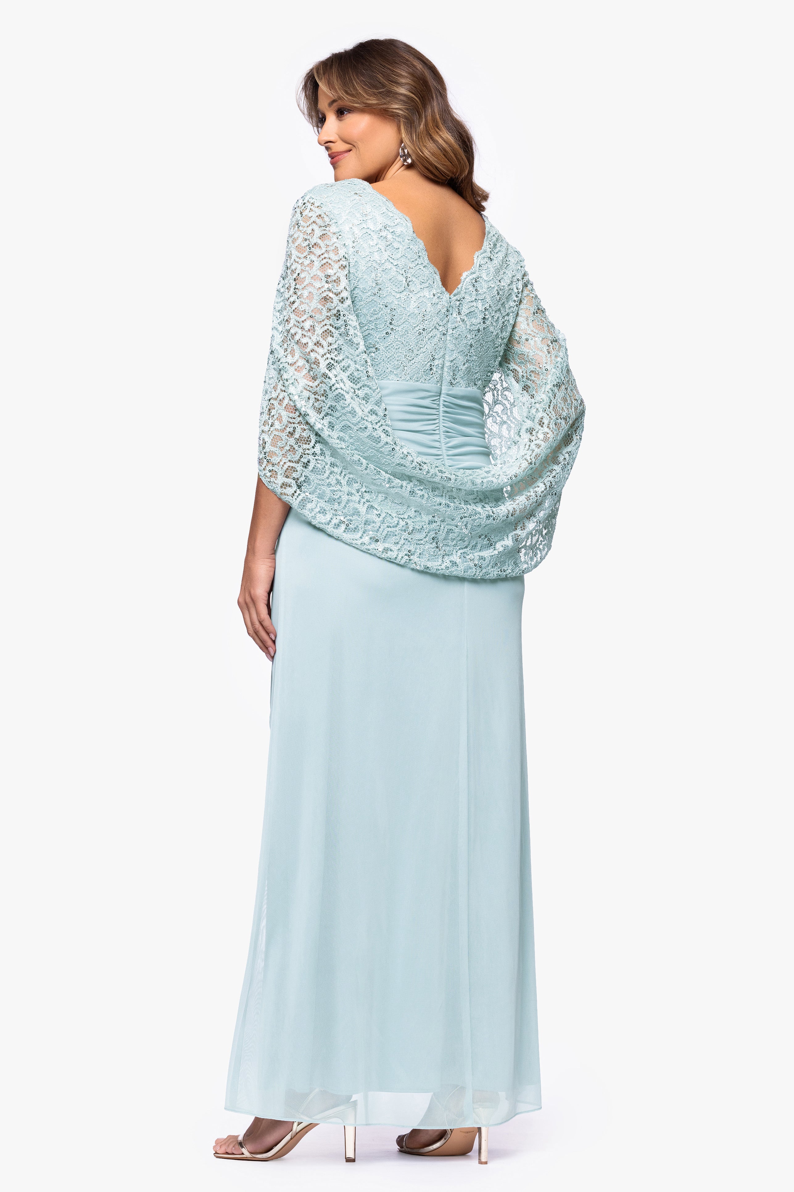 Plus "Parker" Sheer Jersey and Lace Cape Sleeve Floor Length Dress