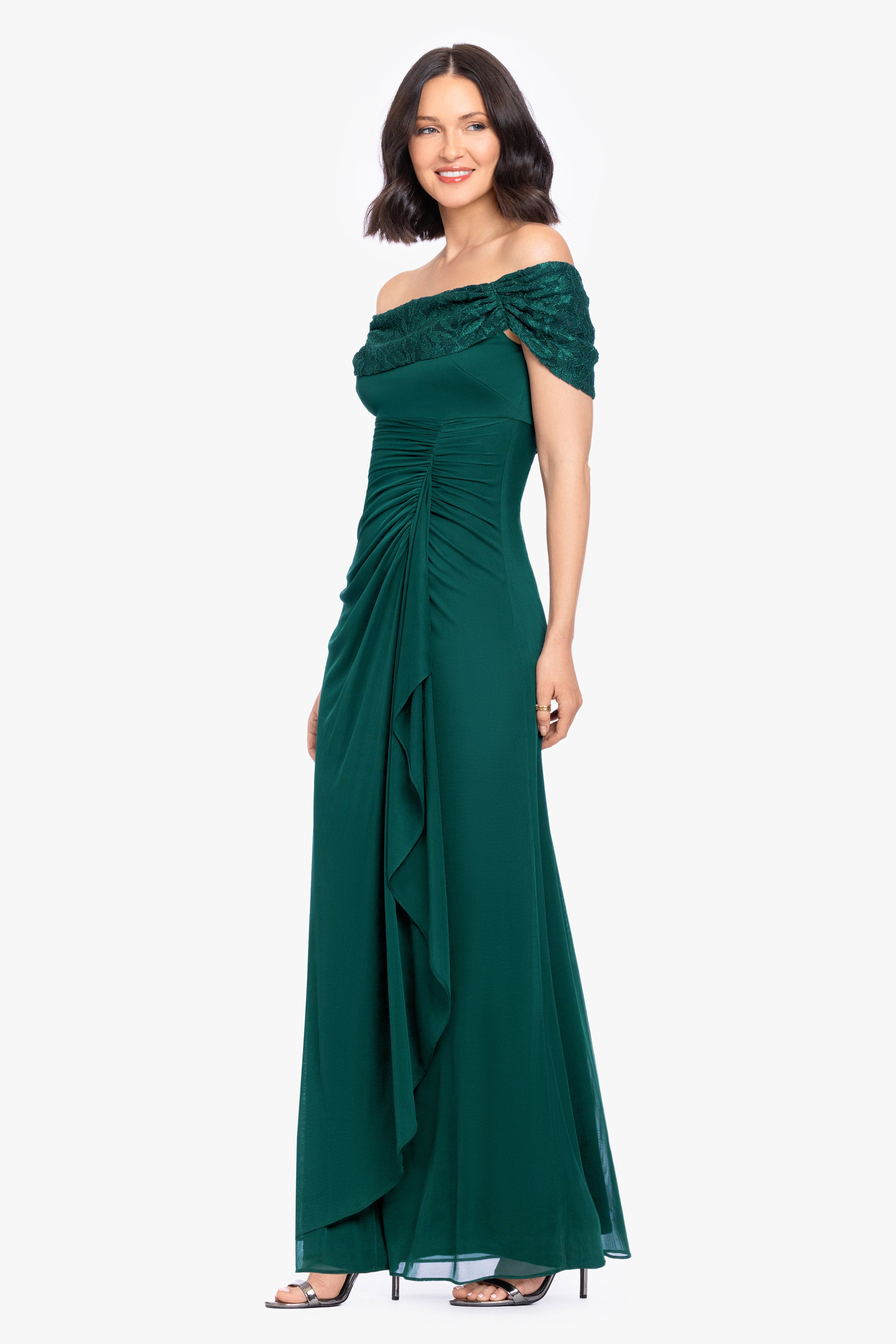 "Shailene" Sheer Matte Jersey & Glitter Lace Off The Shoulder Top Dress