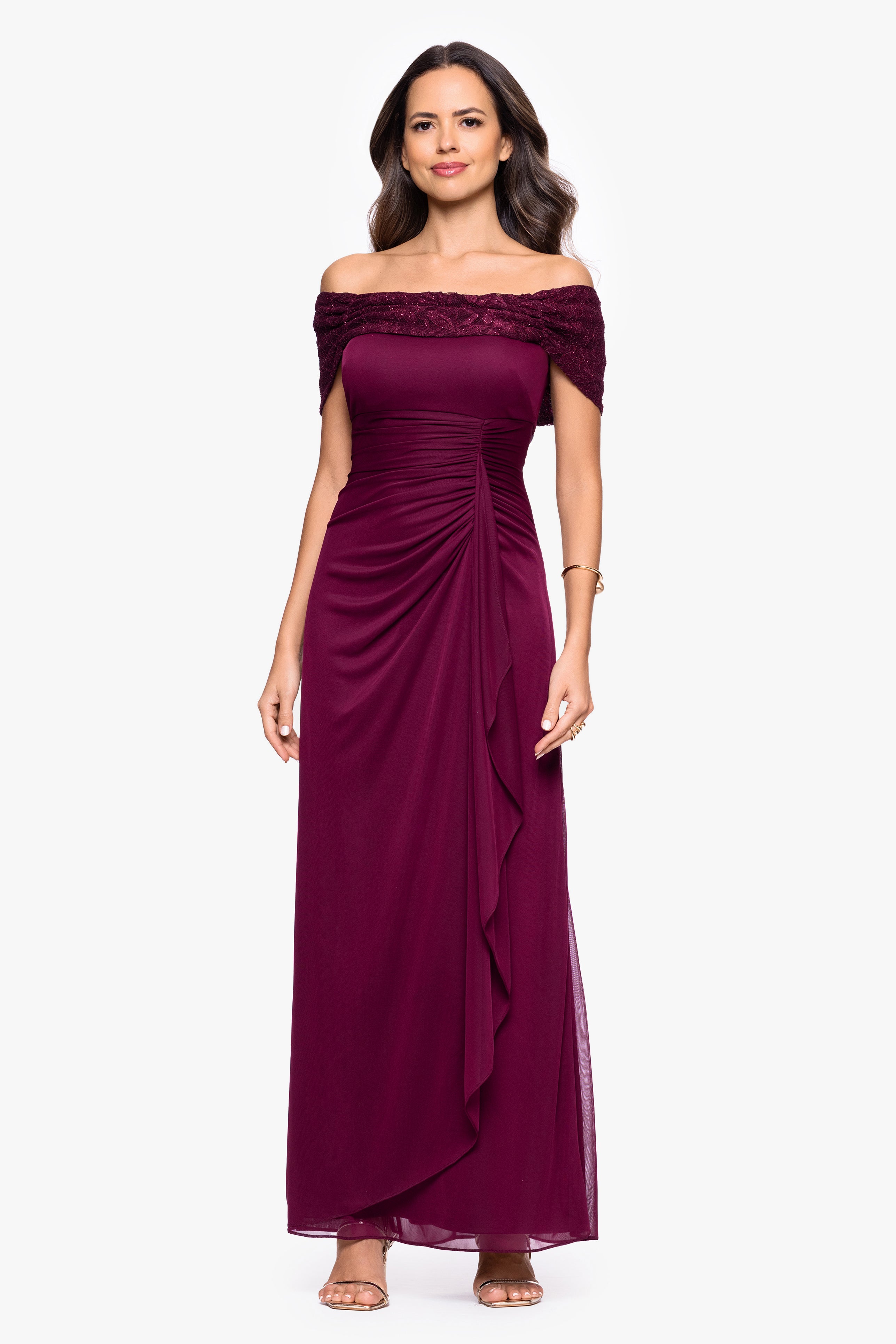 "Shailene" Sheer Matte Jersey & Glitter Lace Off The Shoulder Top Dress