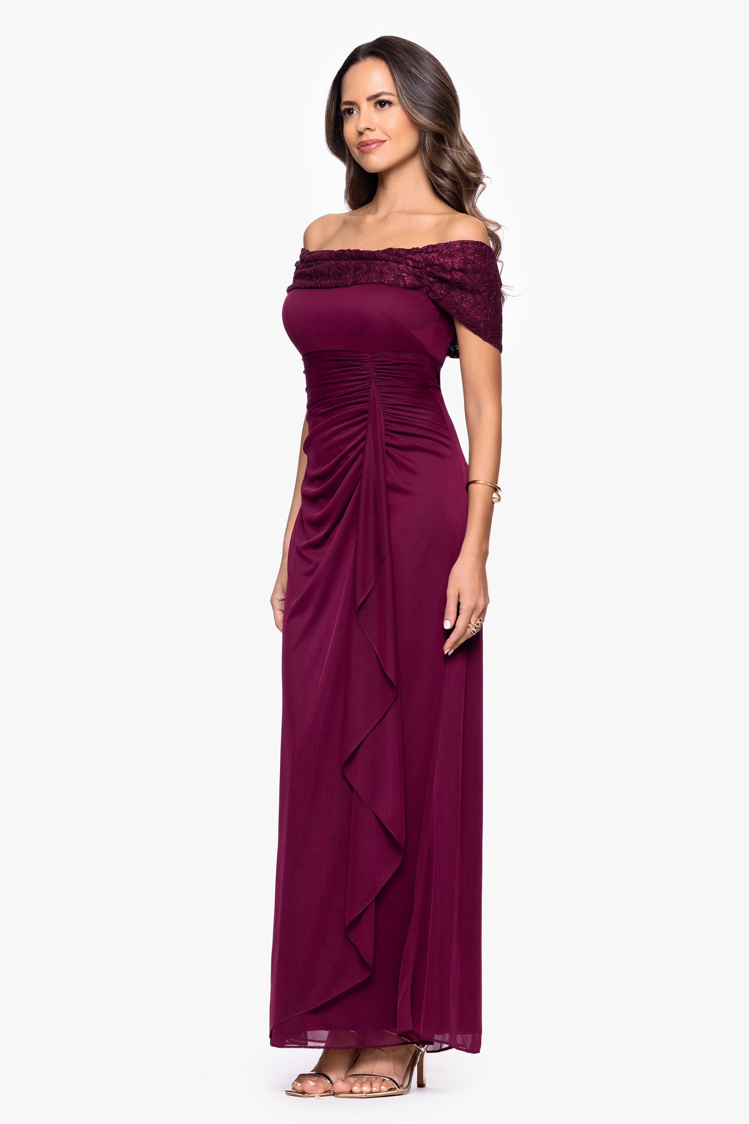 "Shailene" Sheer Matte Jersey & Glitter Lace Off The Shoulder Top Dress