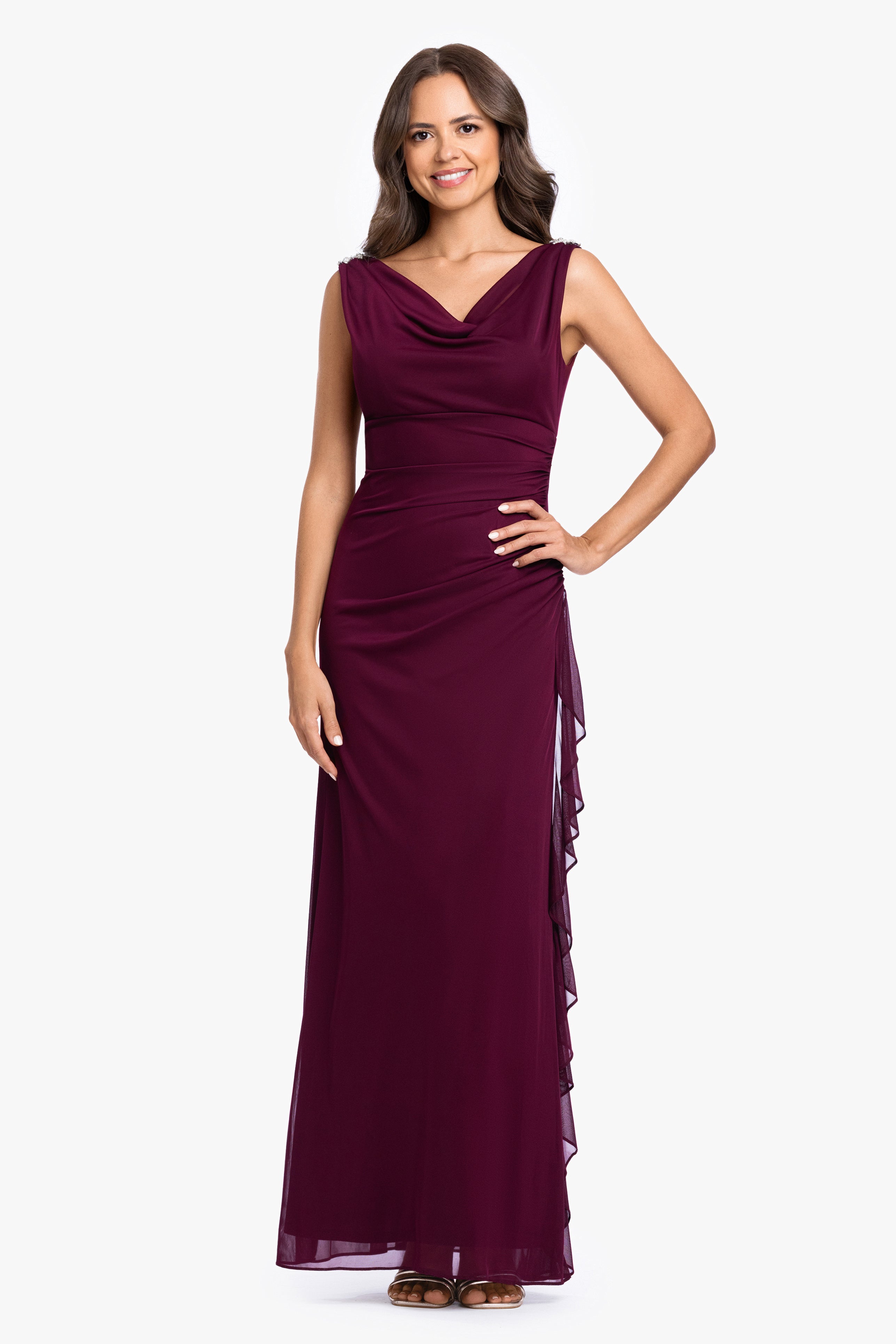 "Gemma" Sheer Matte Jersey Droop Neck Side Ruffle Dress