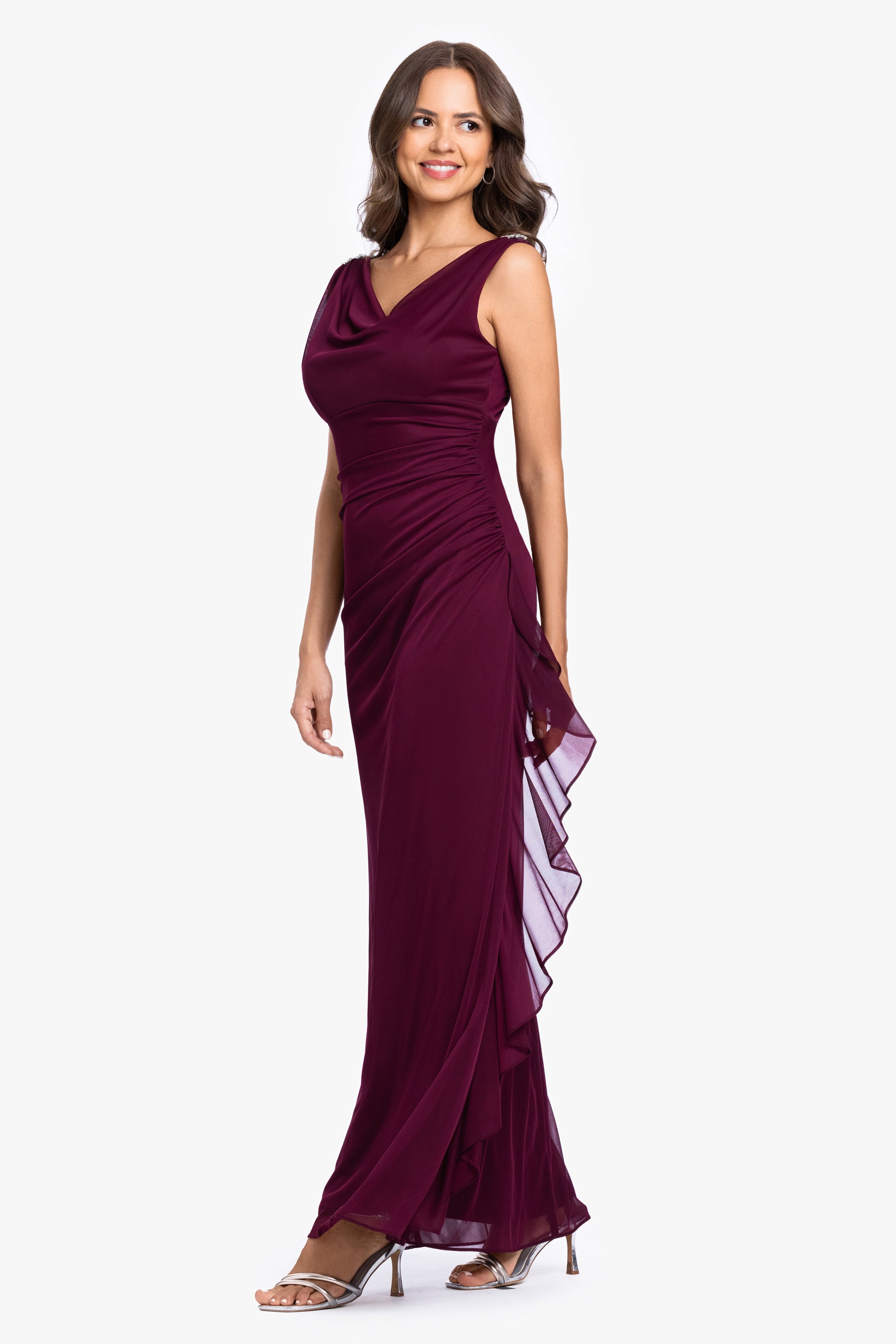 "Gemma" Sheer Matte Jersey Droop Neck Side Ruffle Dress