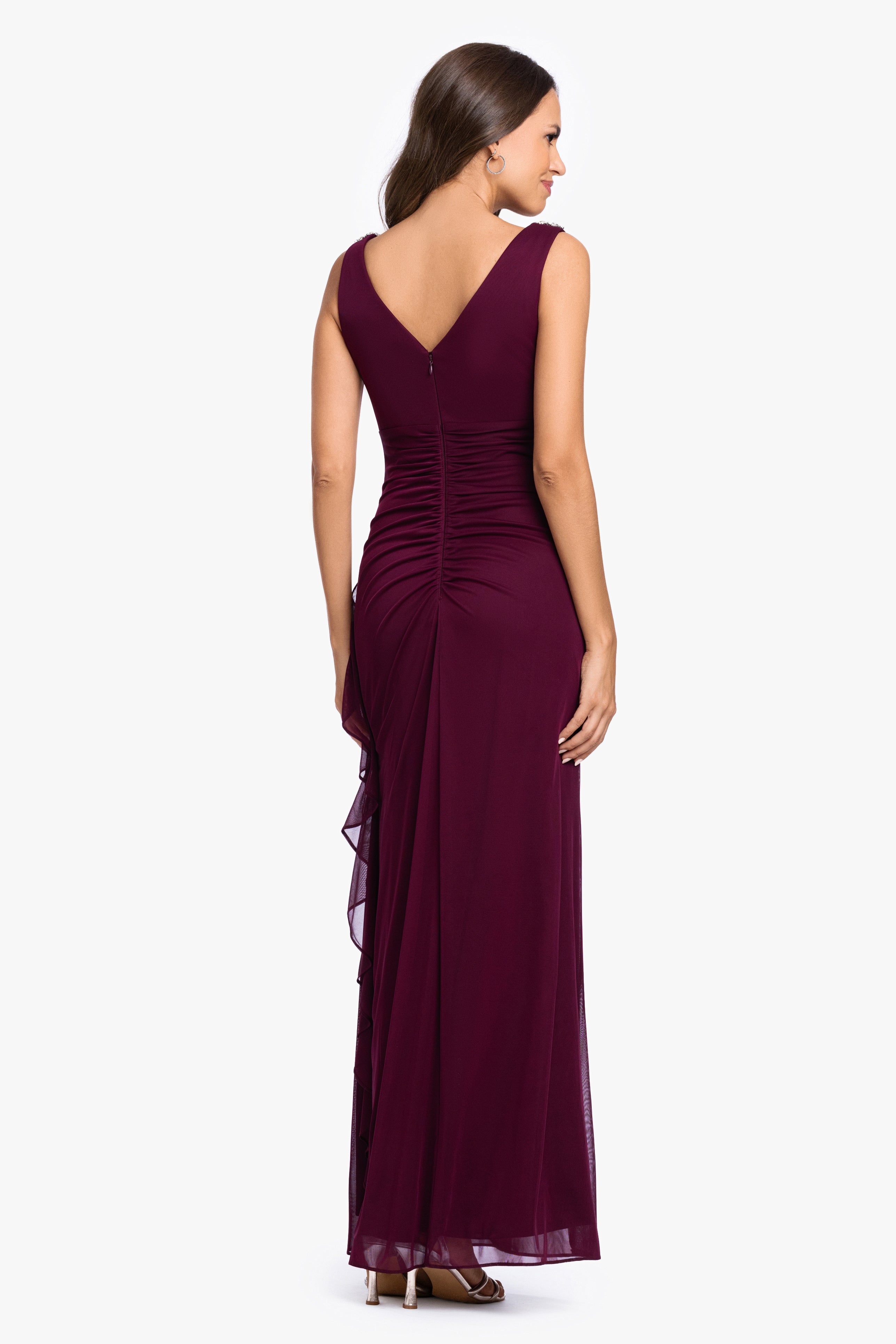 "Gemma" Sheer Matte Jersey Droop Neck Side Ruffle Dress