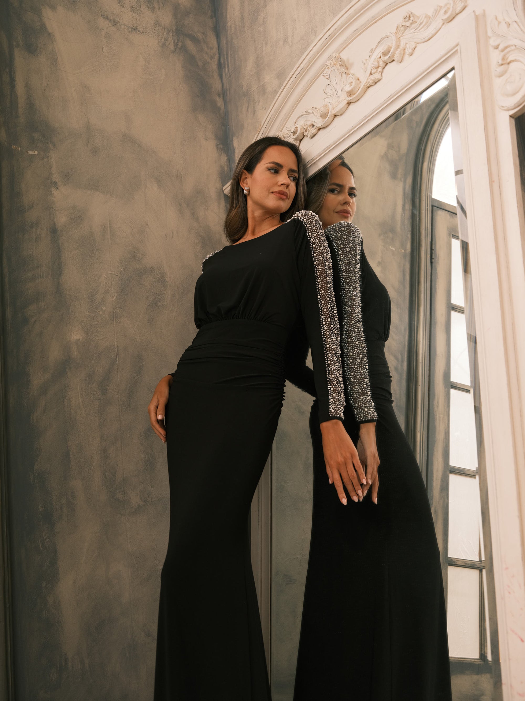 Petite "Ria" Jersey Knit Beaded Long Sleeve Floor Length Dress