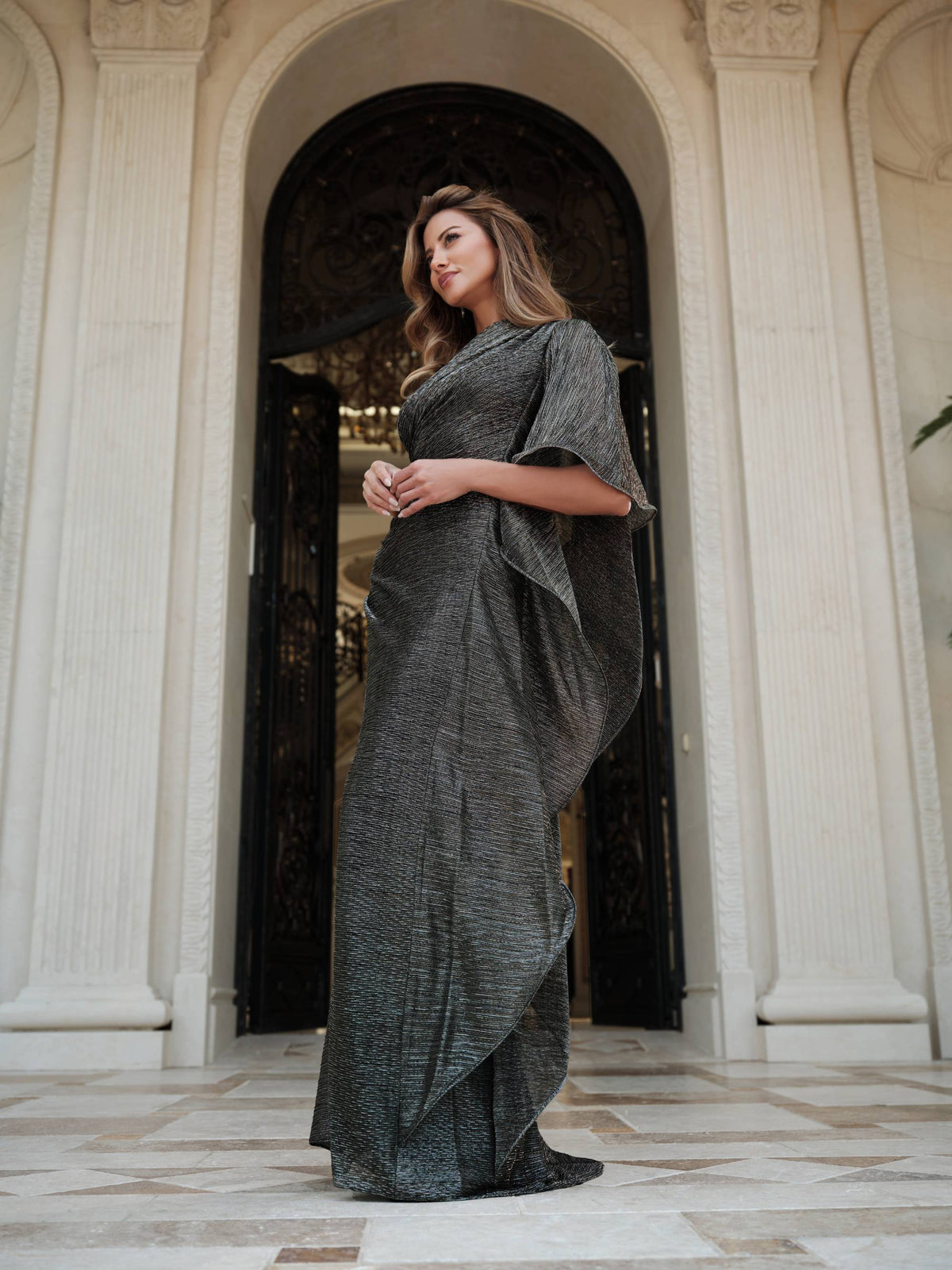 "Graclyn" Metallic Knit One Shoulder Flowy Sleeve Dress