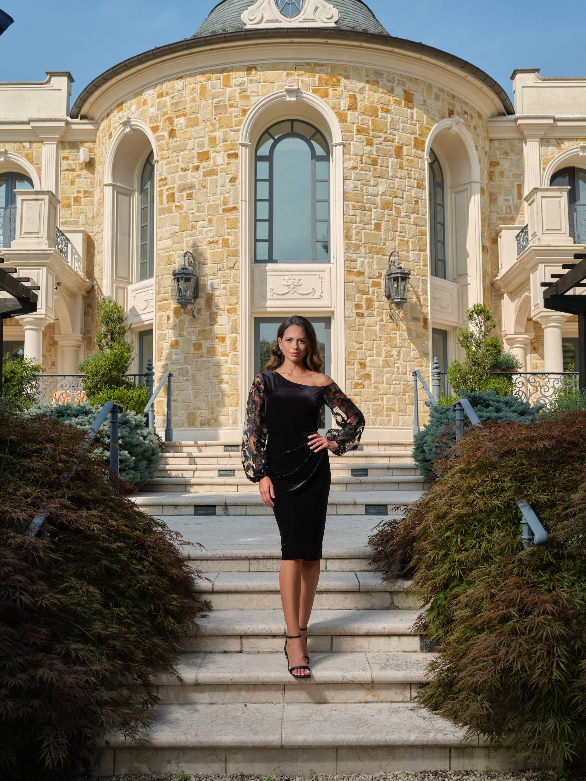 "Verna" Velvet Long Embroidered Sleeves Drop Shoulder Knee Length Dress