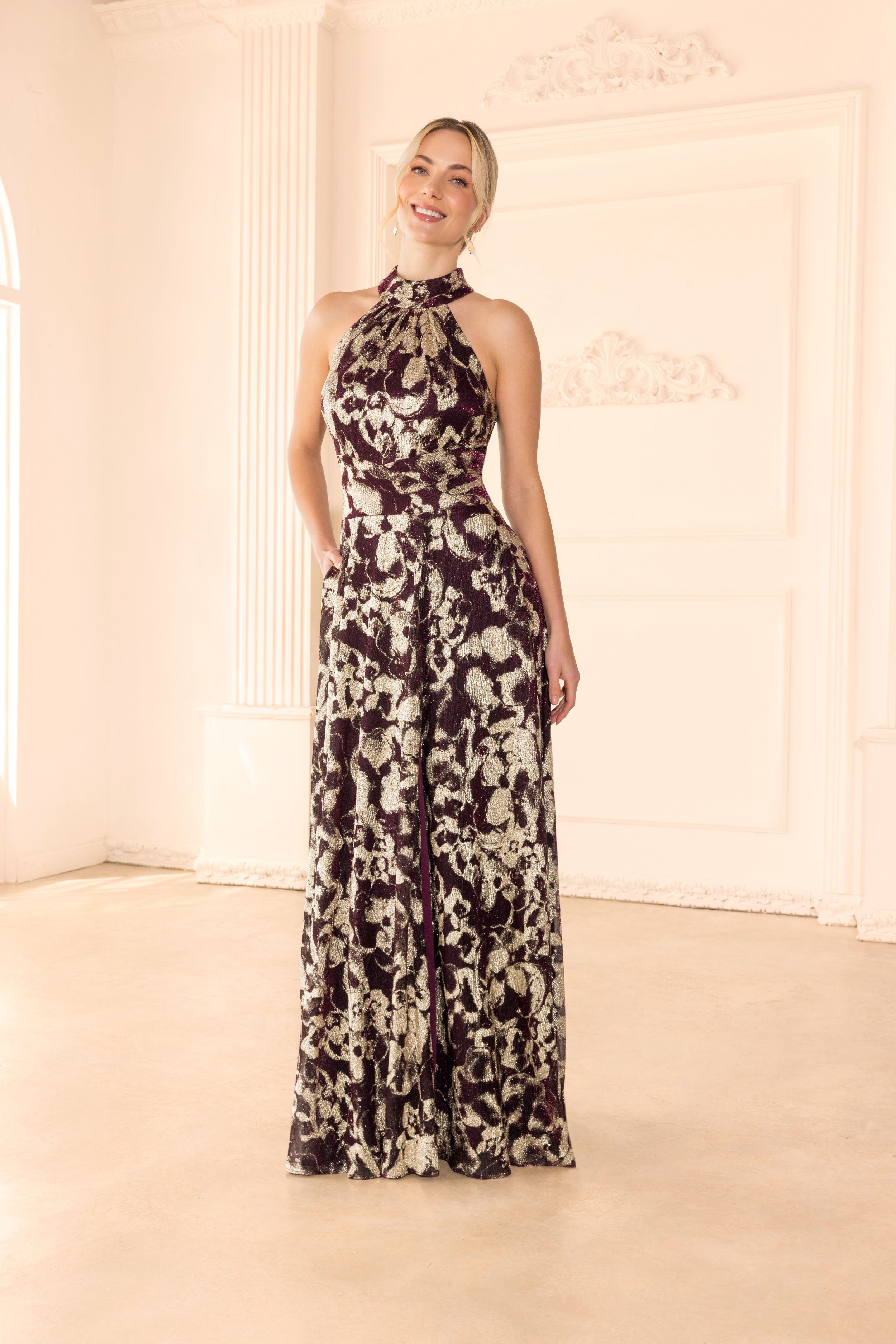 "Alara" Metallic Halter Neck Long Dress