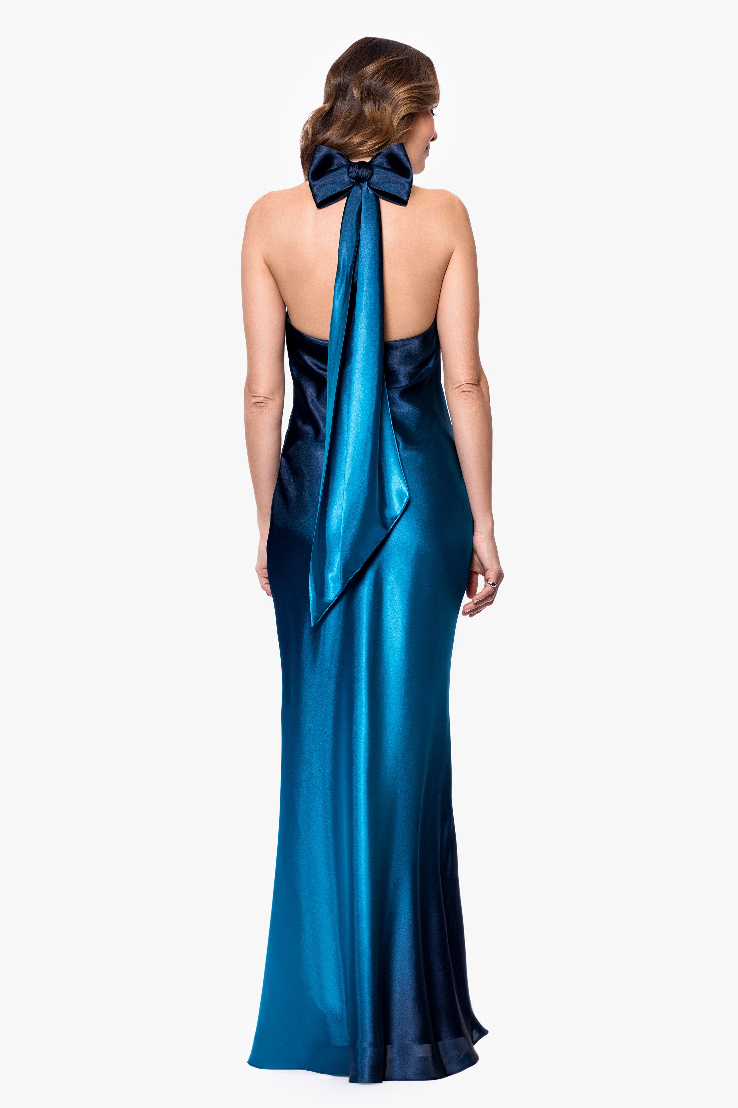 Betsy & Adam Women's Ombre Sleeveless Draped Halter Gown - Navy/Teal