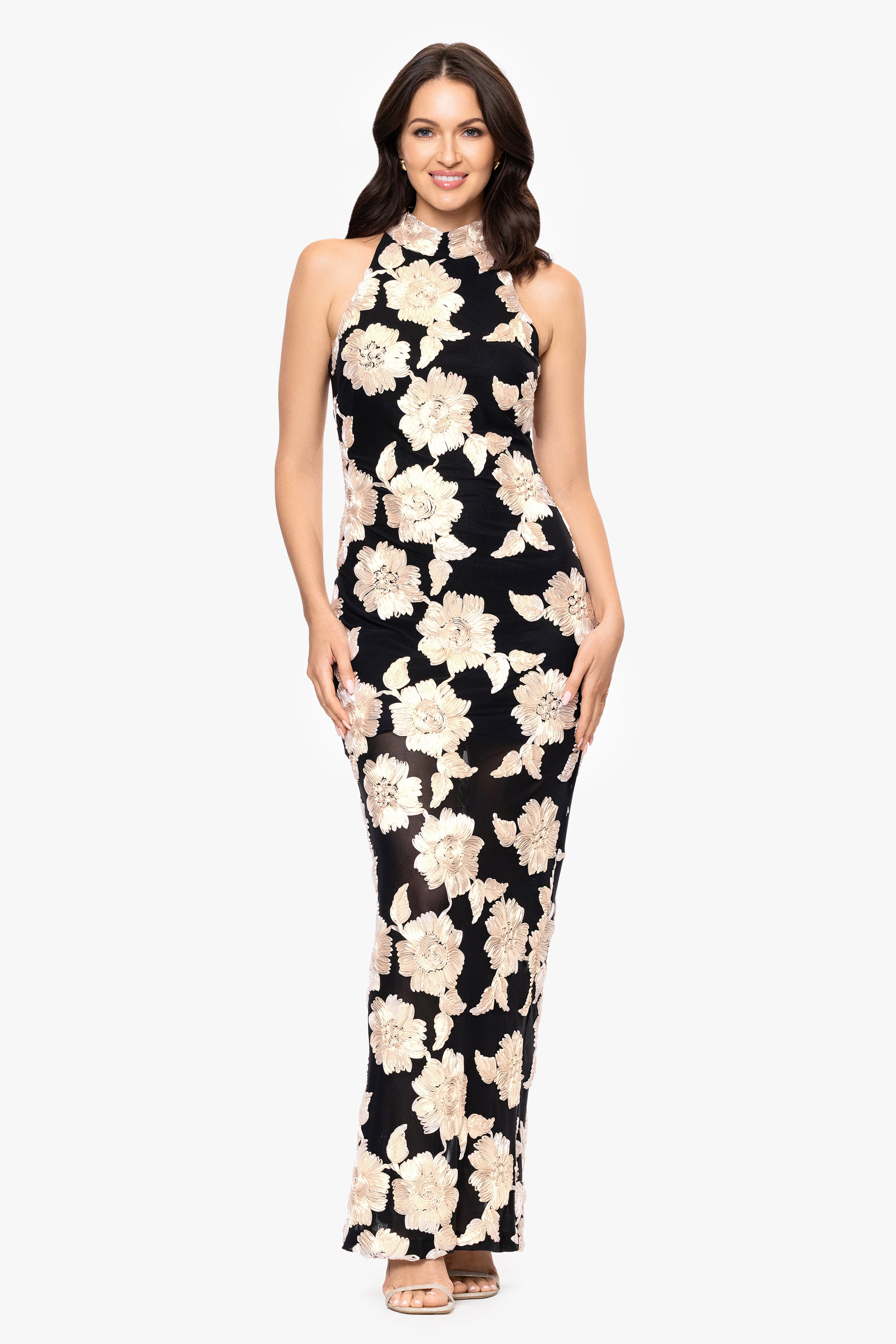 Betsy & Adam "Camielle" 3D Flower Embellished Mock Neck Floor Length Dress