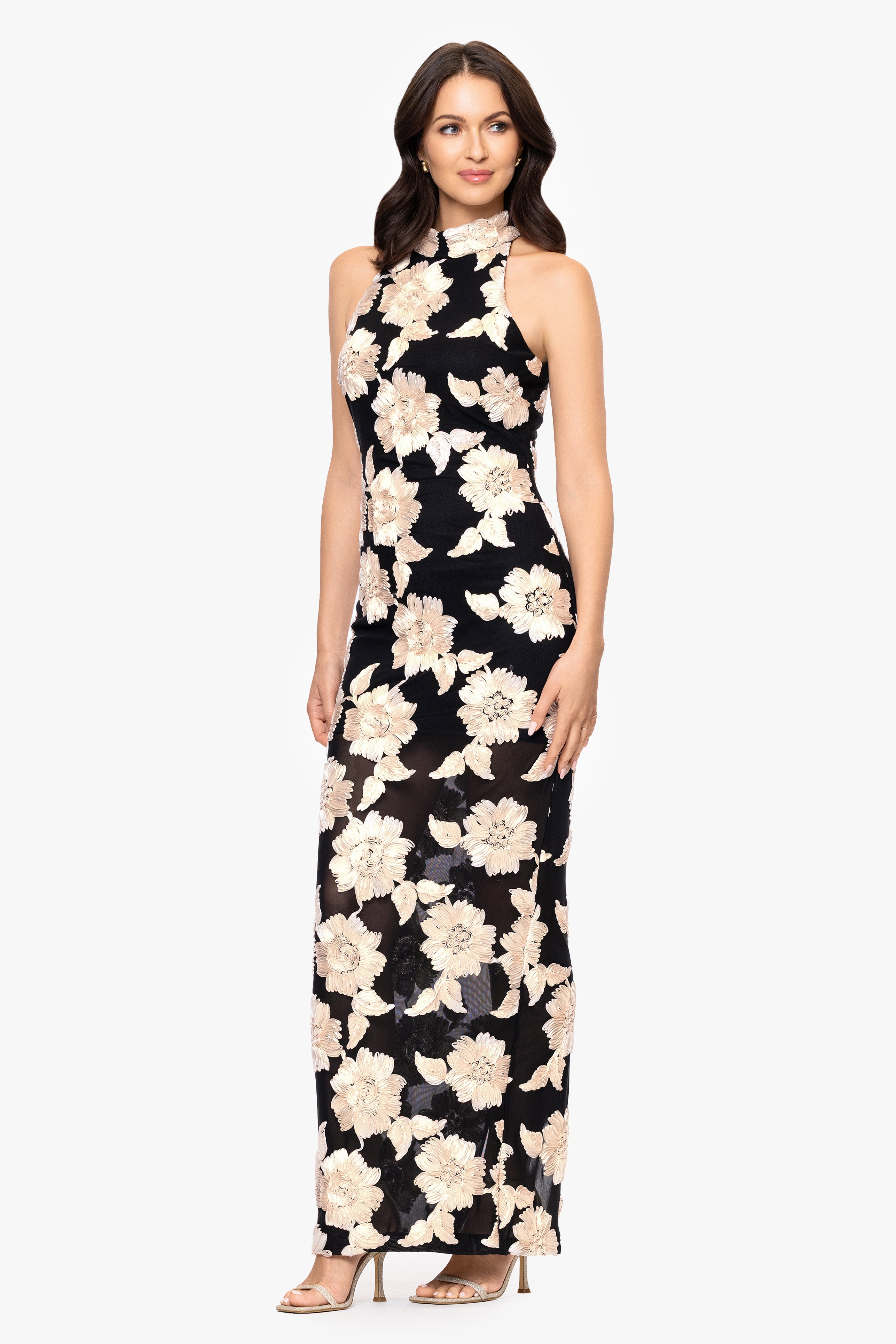 Betsy & Adam "Camielle" 3D Flower Embellished Mock Neck Floor Length Dress