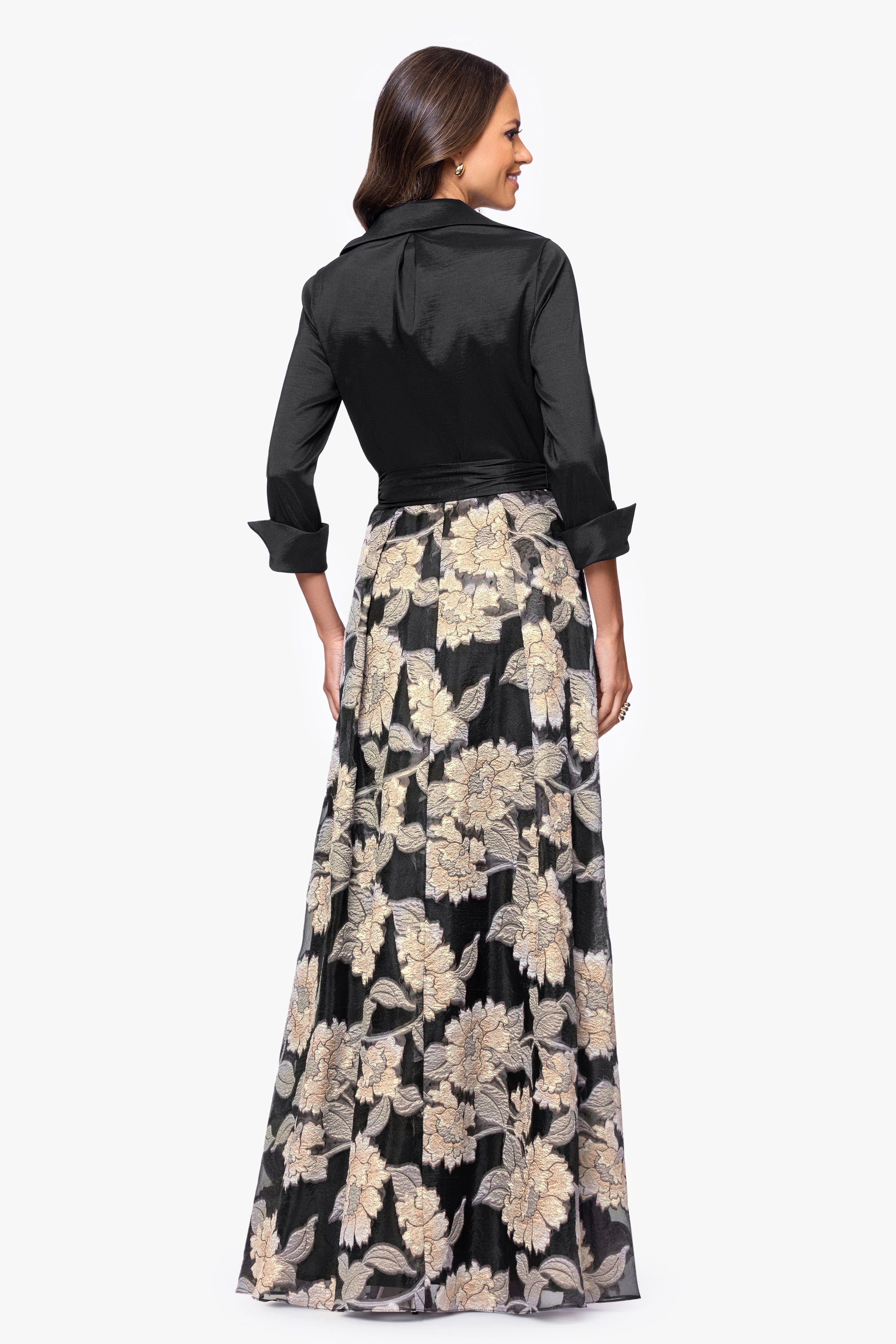 Betsy & Adam "Constance" Taffeta and Brocade 3/4 Sleeve Floor Length Dress