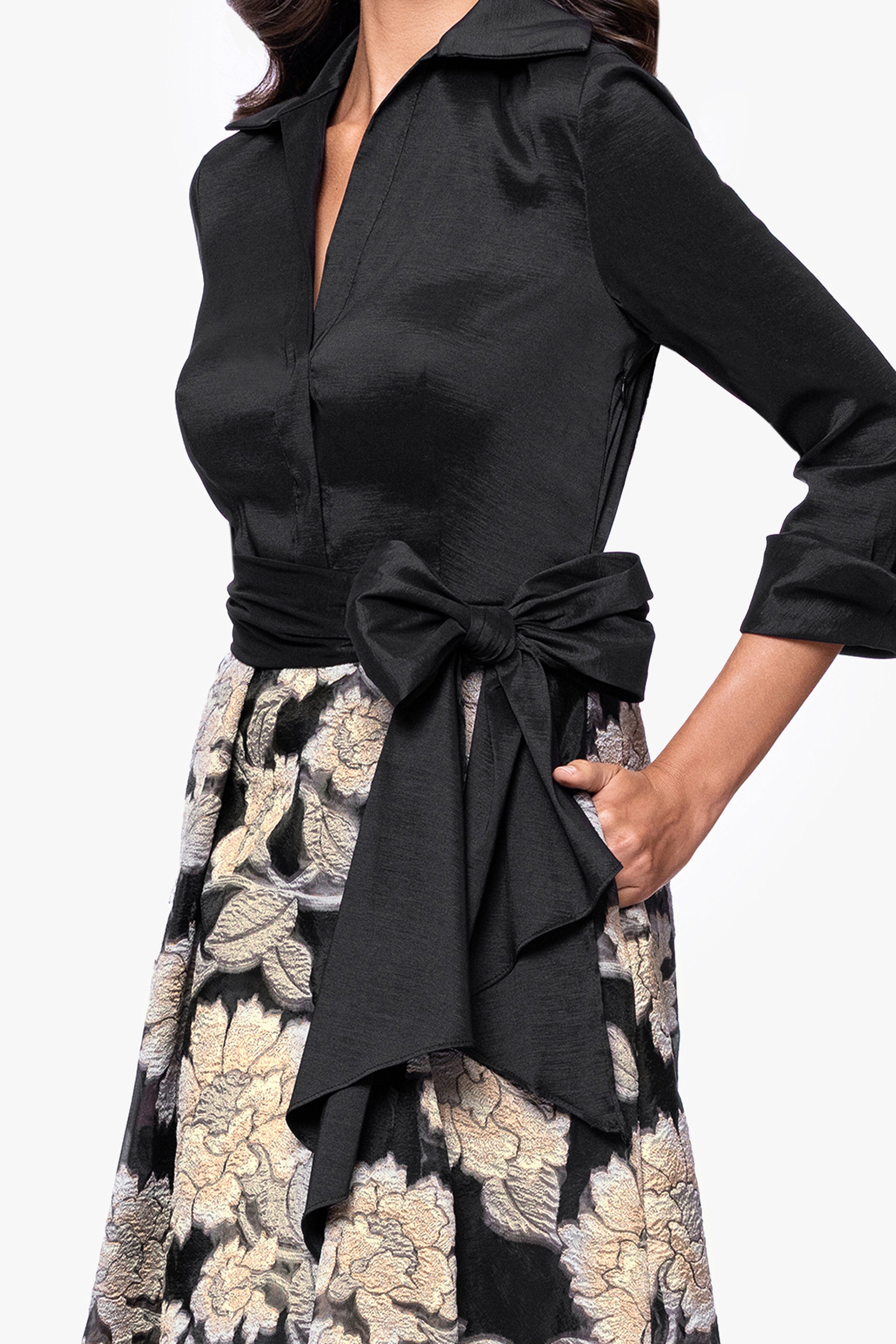 Betsy & Adam "Constance" Taffeta and Brocade 3/4 Sleeve Floor Length Dress