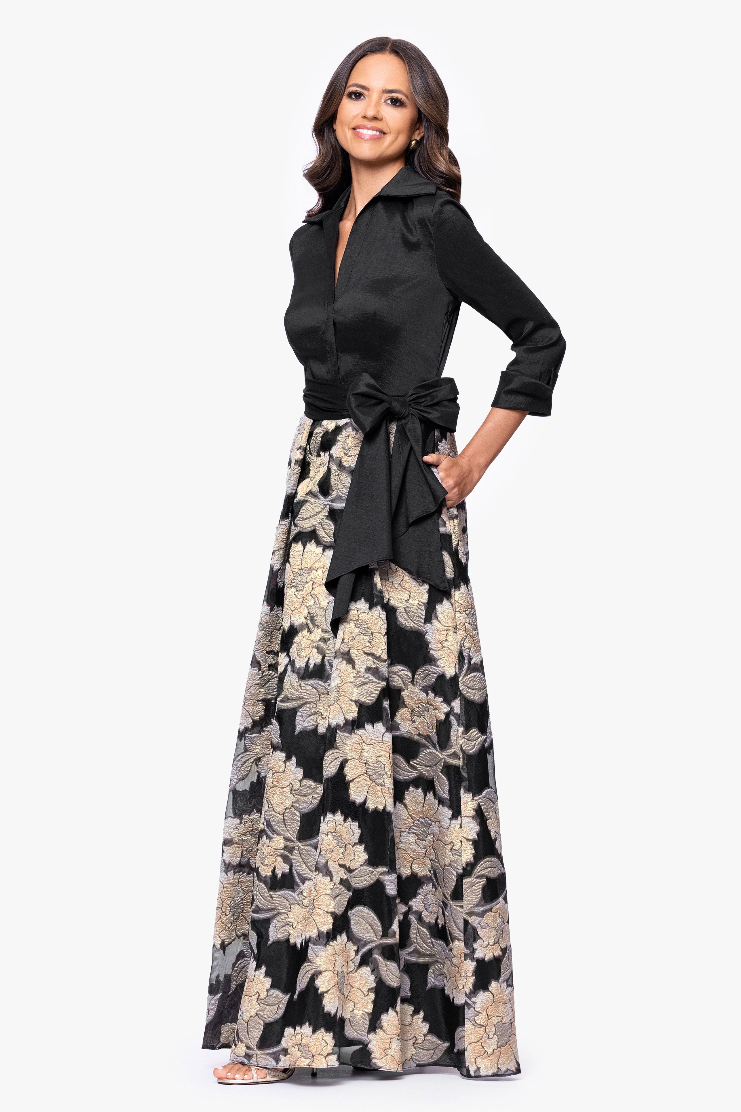 Betsy & Adam "Constance" Taffeta and Brocade 3/4 Sleeve Floor Length Dress