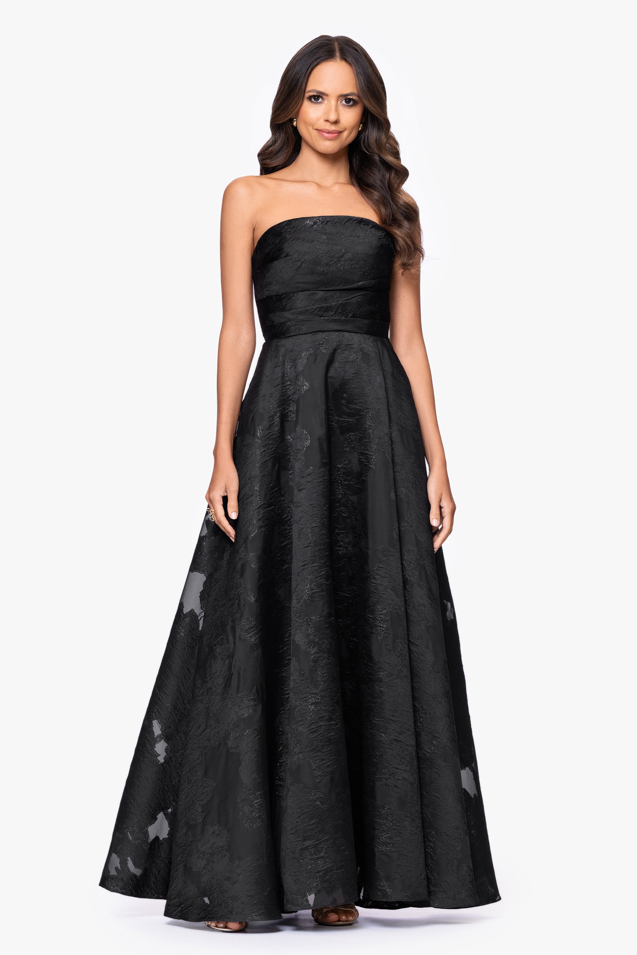 Betsy & Adam "Ellie" Organza Brocade Strapless Floor Length Gown