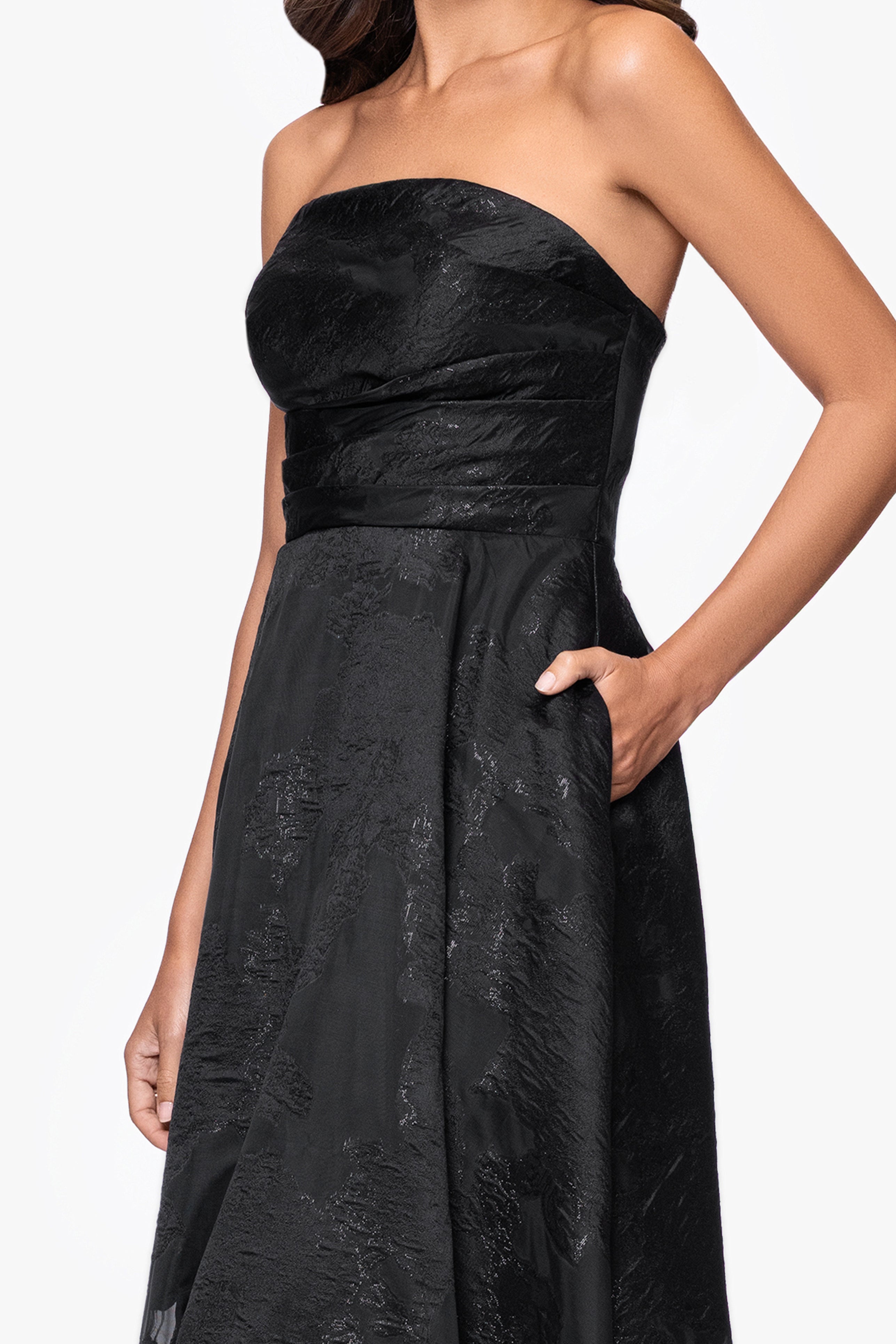 Betsy & Adam "Ellie" Organza Brocade Strapless Floor Length Gown