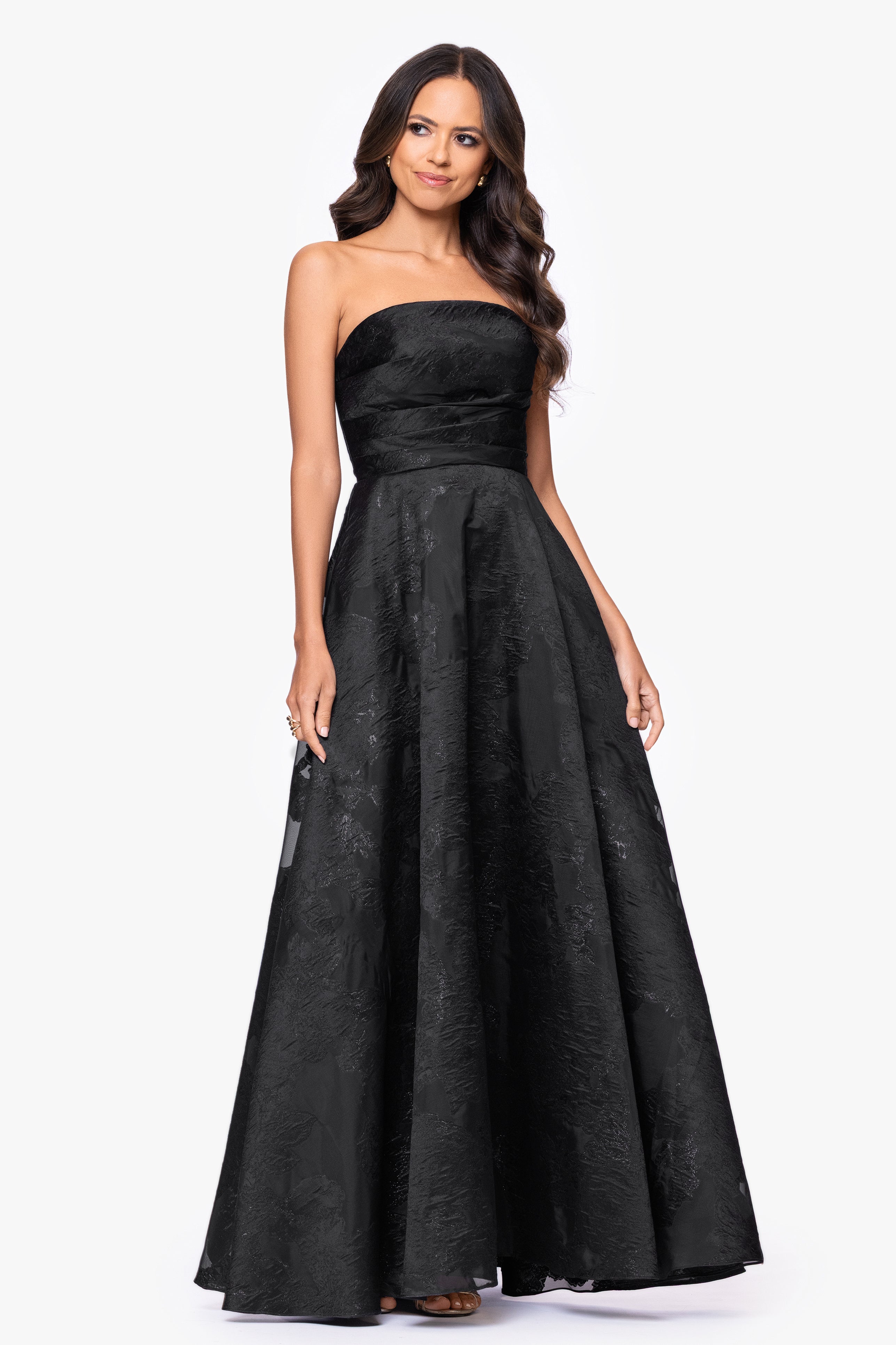 Betsy & Adam "Ellie" Organza Brocade Strapless Floor Length Gown