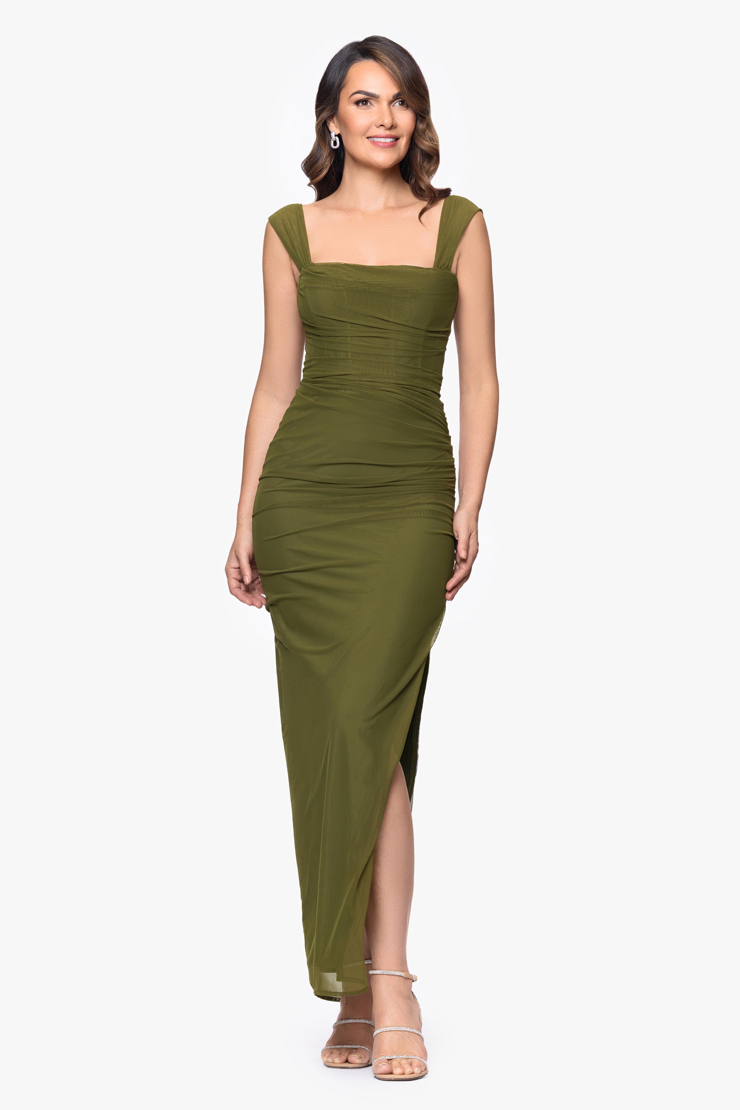 Betsy & Adam "Janice" Mesh Square Neck Floor Length Dress