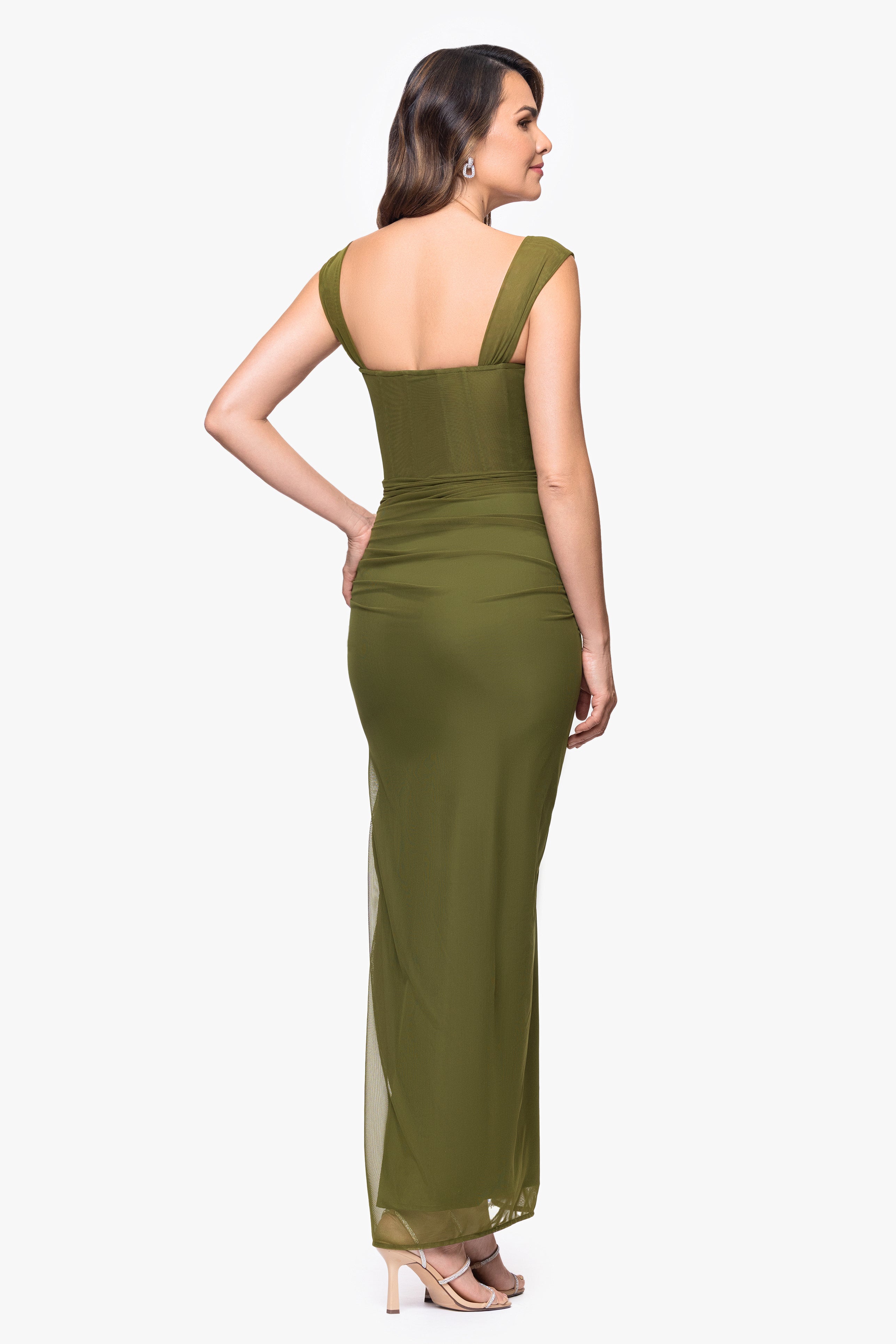 Betsy & Adam "Janice" Mesh Square Neck Floor Length Dress