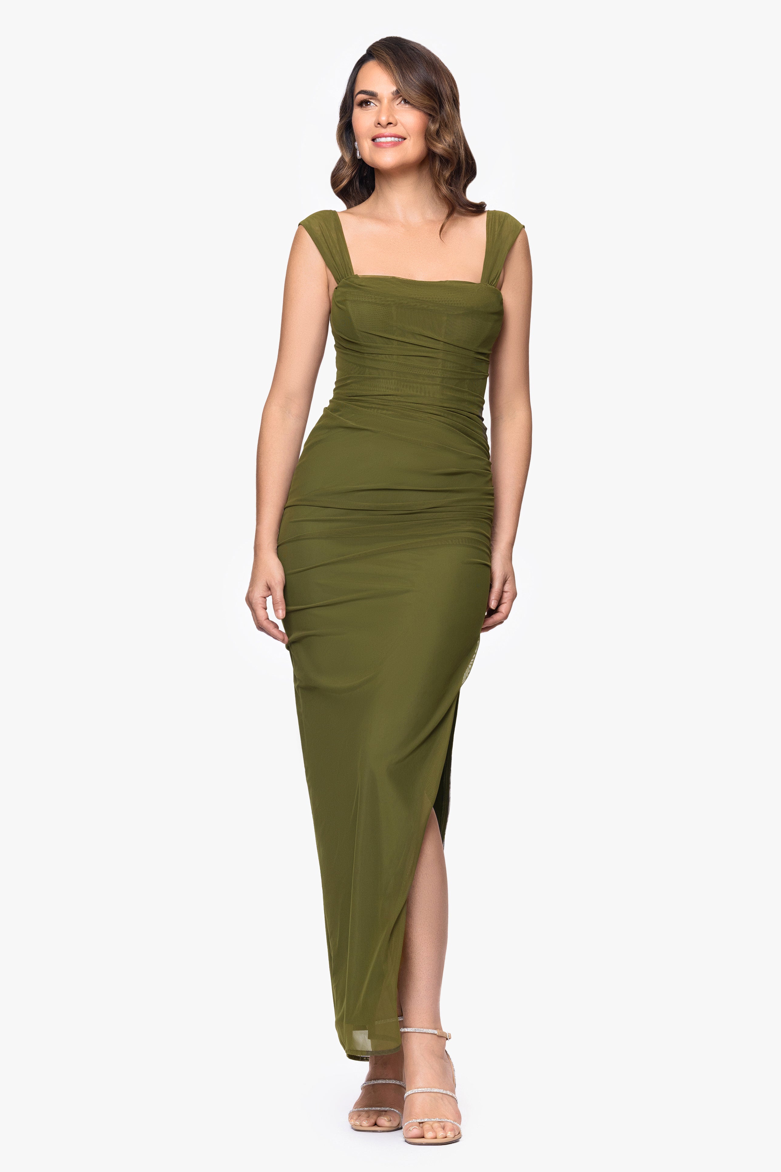 Betsy & Adam "Janice" Mesh Square Neck Floor Length Dress