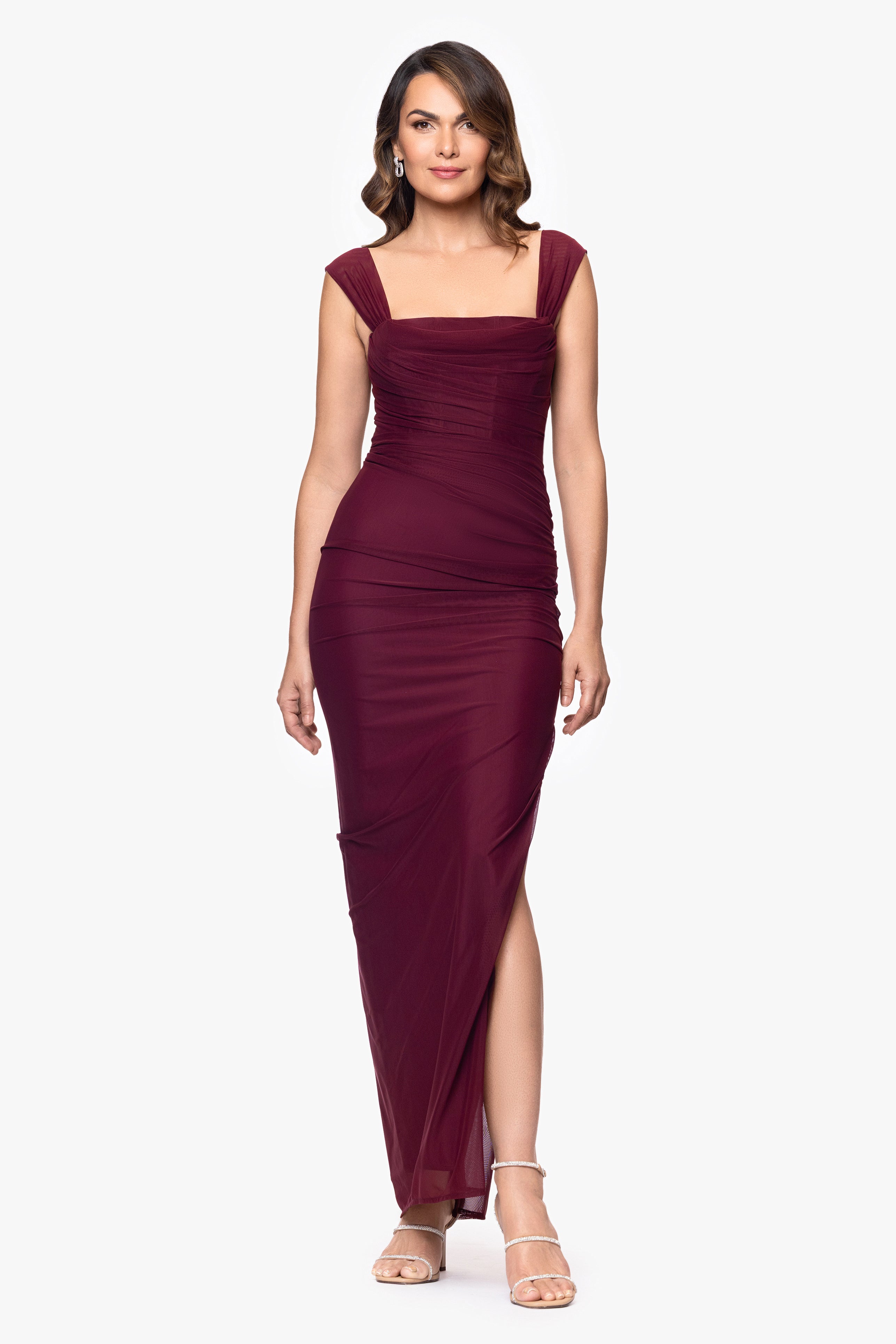 Betsy & Adam "Janice" Mesh Square Neck Floor Length Dress