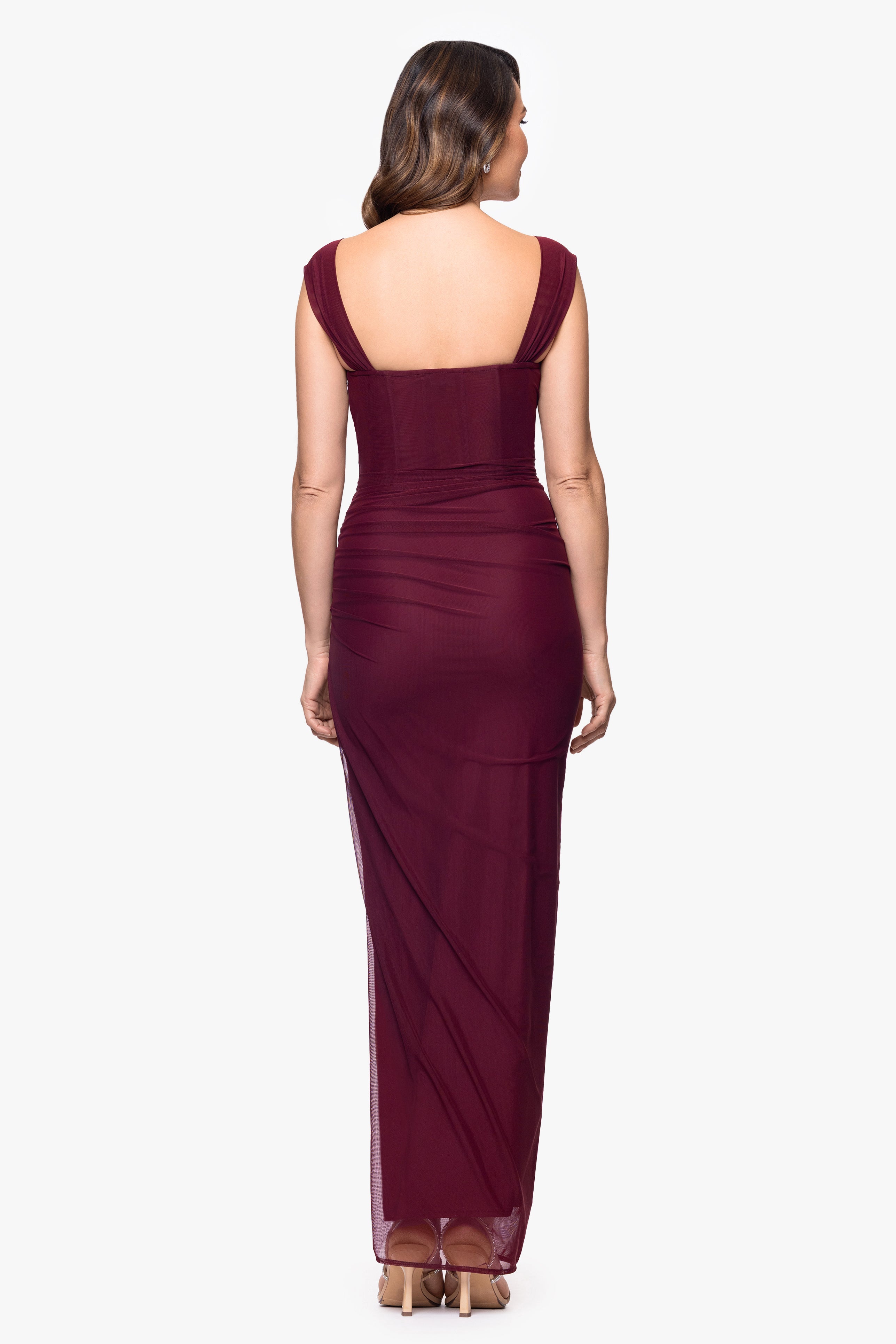 Betsy & Adam "Janice" Mesh Square Neck Floor Length Dress