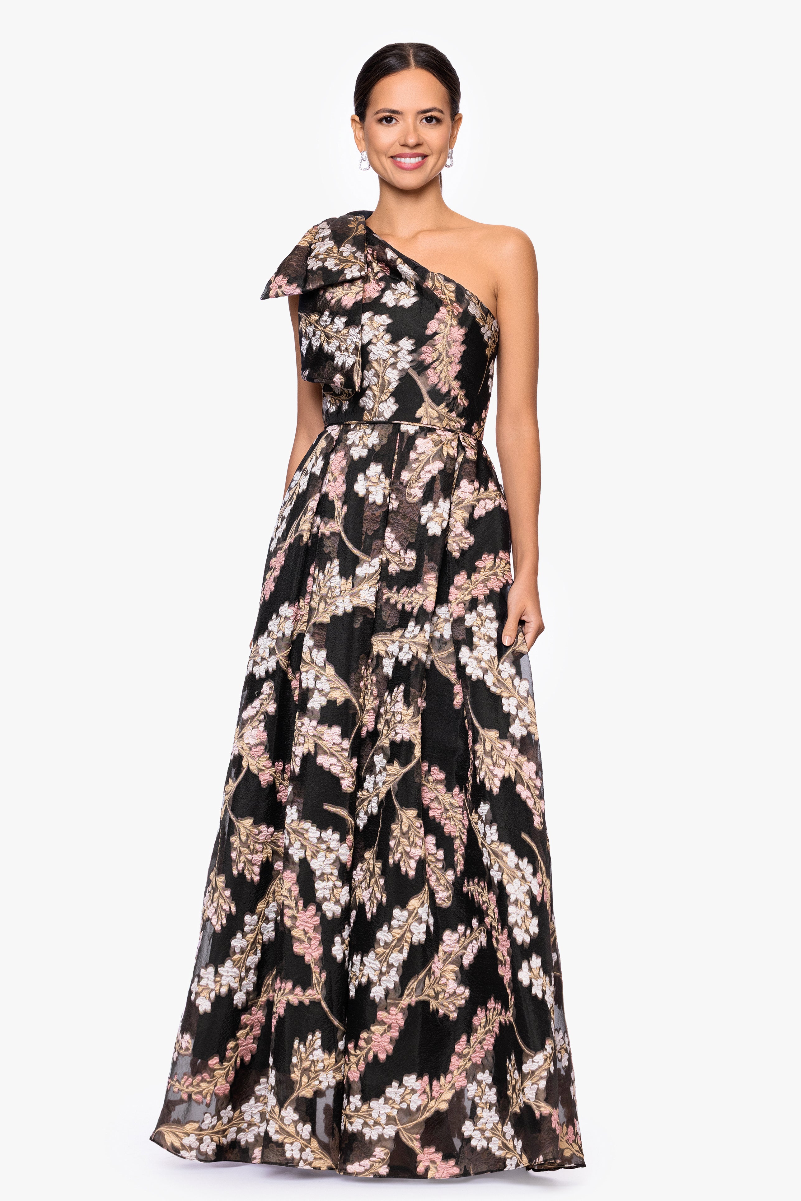 Betsy & Adam "Josanne" Organza Brocade One Shoulder Floor Length Dress