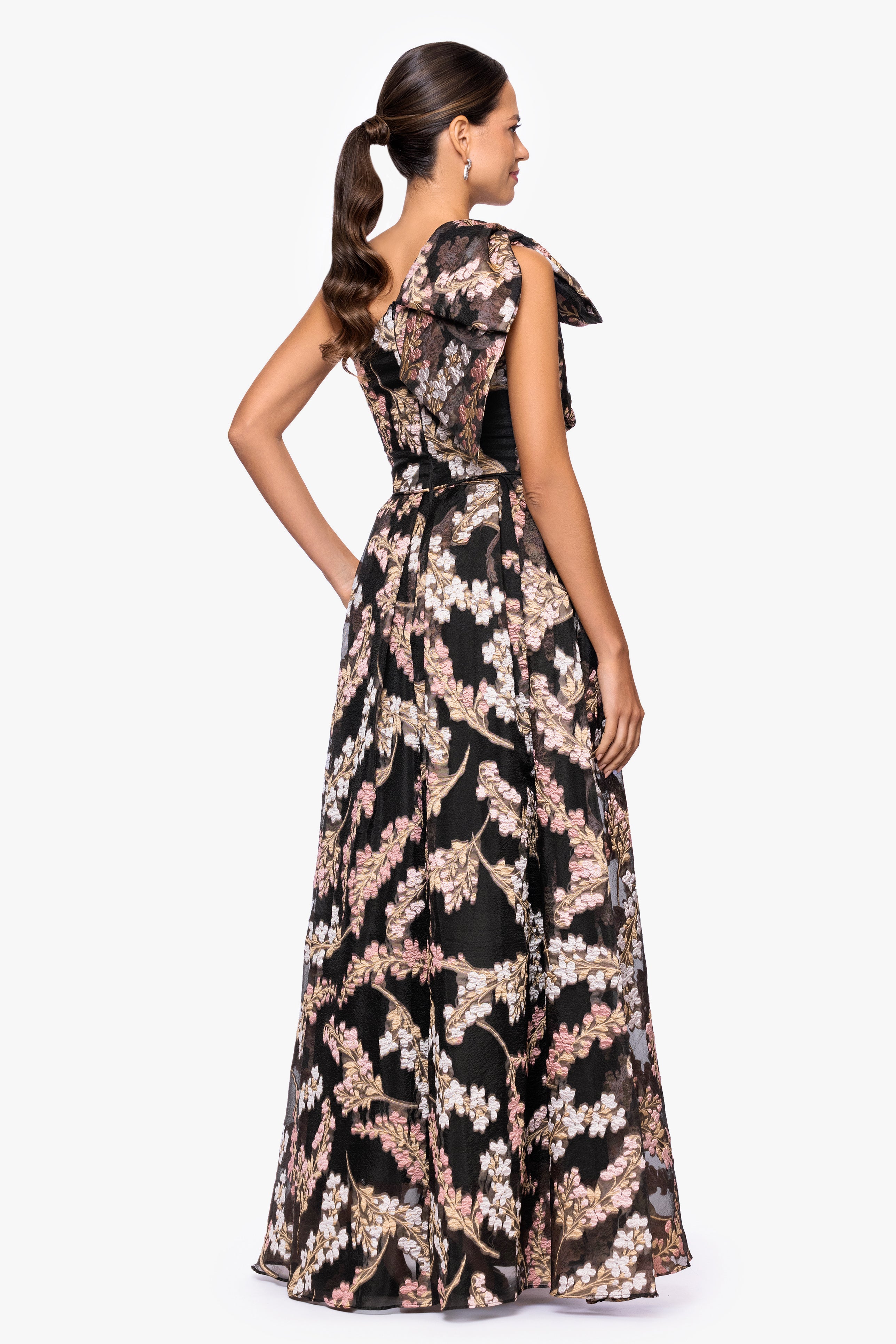 Betsy & Adam "Josanne" Organza Brocade One Shoulder Floor Length Dress