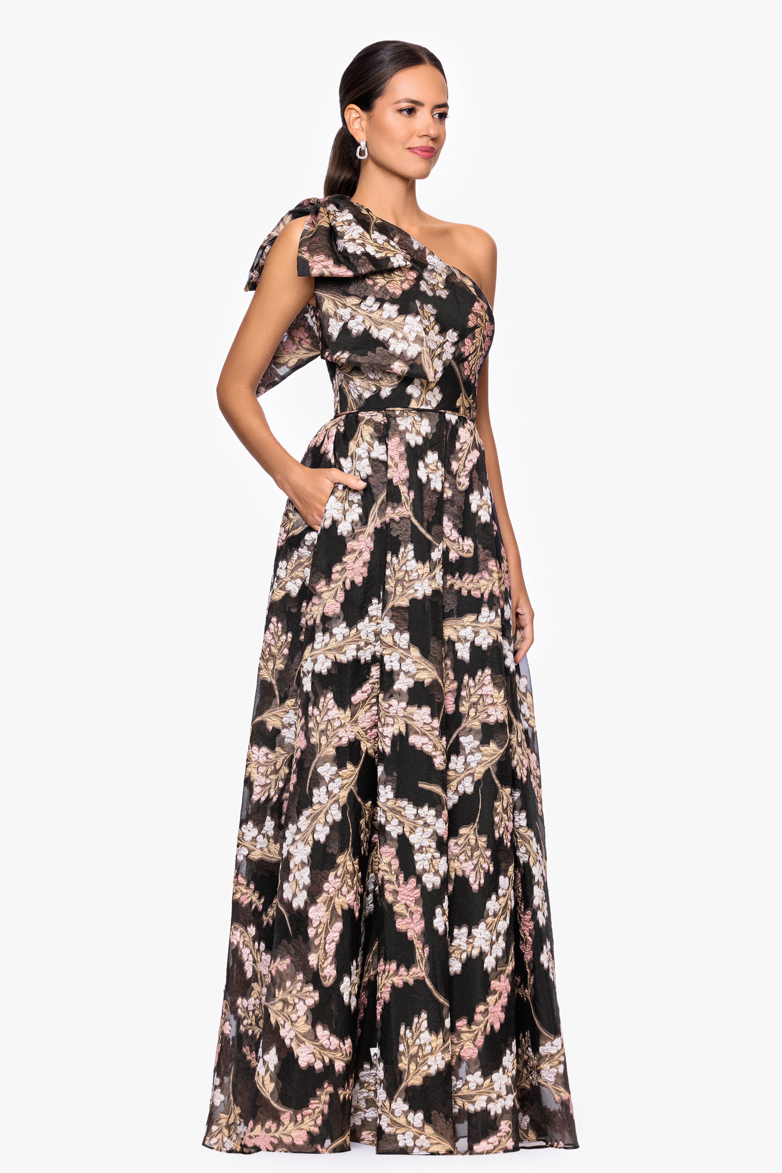Betsy & Adam "Josanne" Organza Brocade One Shoulder Floor Length Dress