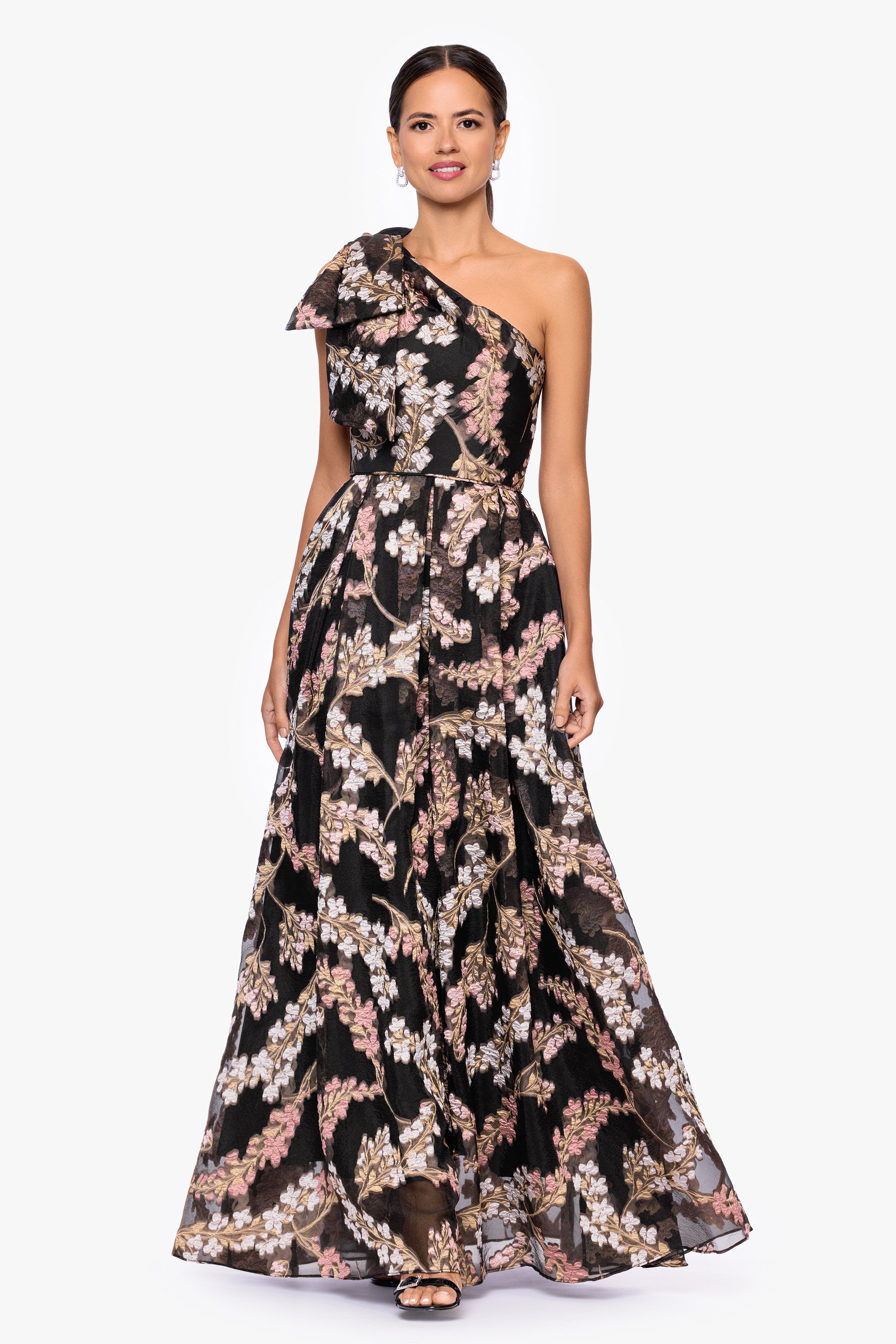 Betsy & Adam "Josanne" Organza Brocade One Shoulder Floor Length Dress