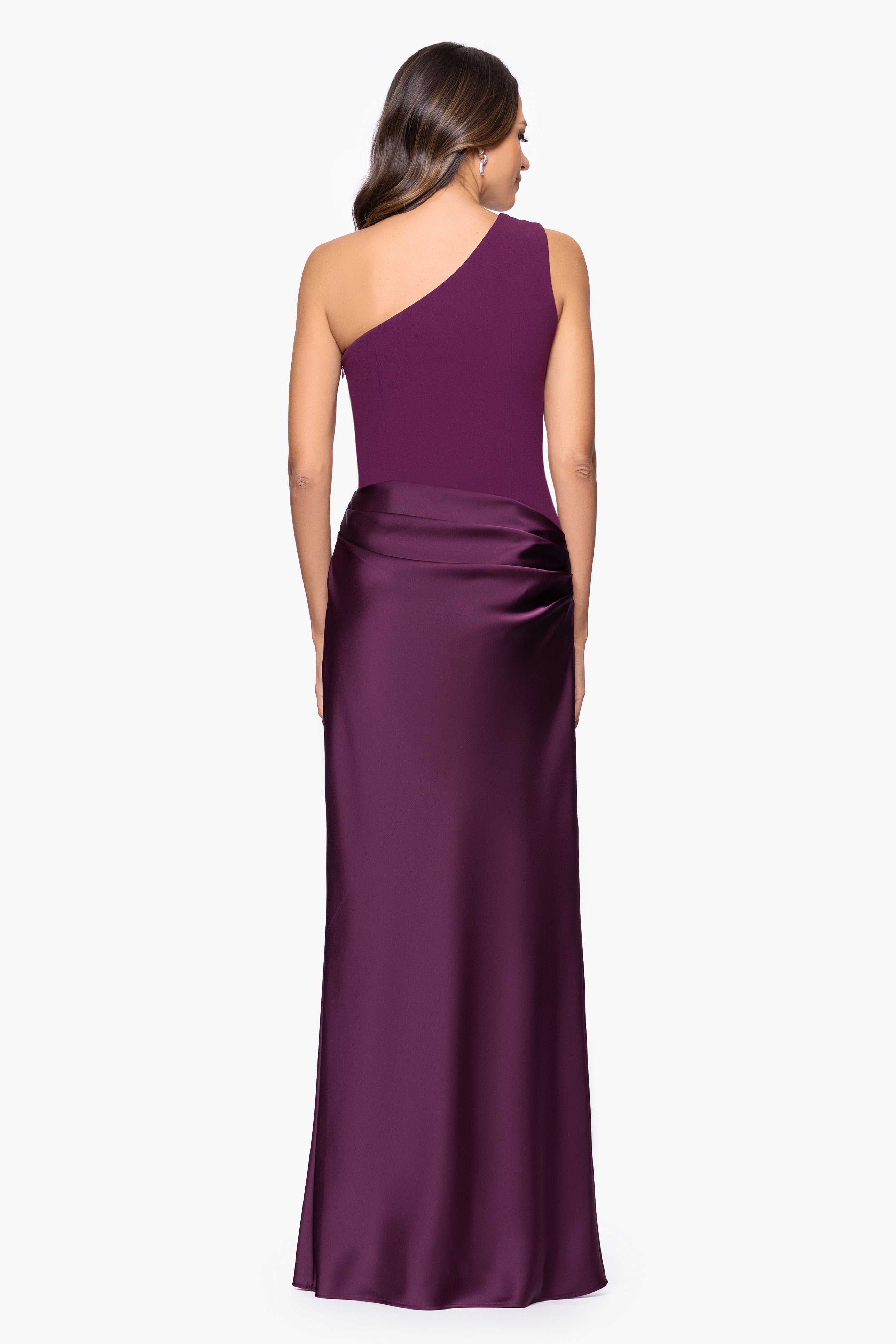 Betsy & Adam "Josie" Scuba Crepe and Satin One Shoulder Floor Length Dress