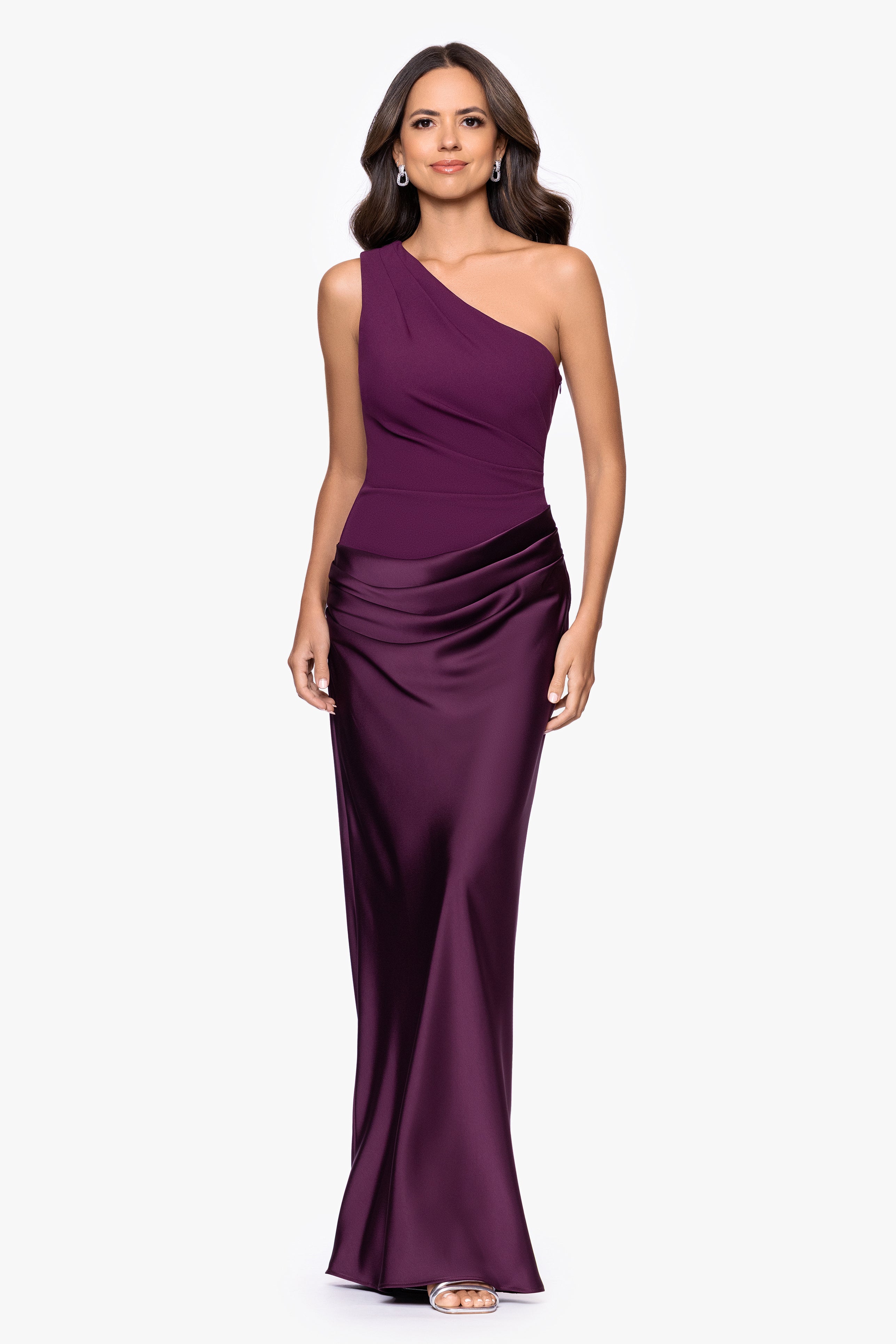 Betsy & Adam "Josie" Scuba Crepe and Satin One Shoulder Floor Length Dress