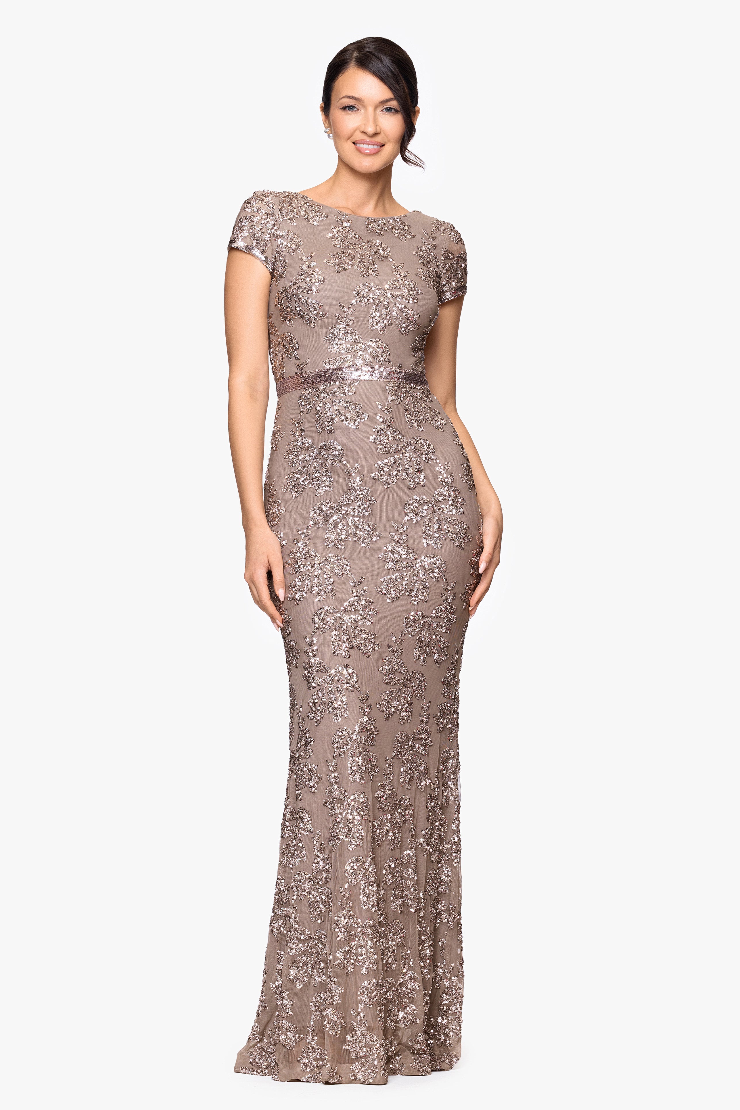 Betsy & Adam "Keisha" Sequin Embellished Short Sleeve Floor Length Dress
