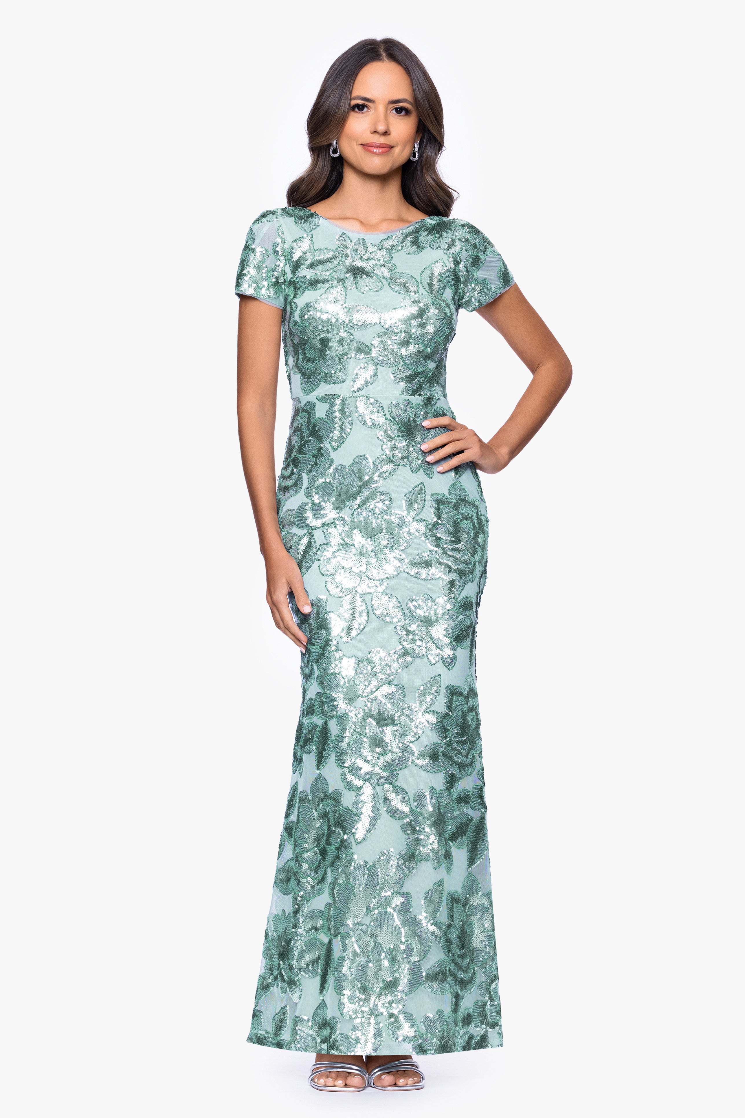Betsy & Adam Petite Printed Scoop Neck Gown - Seafoam