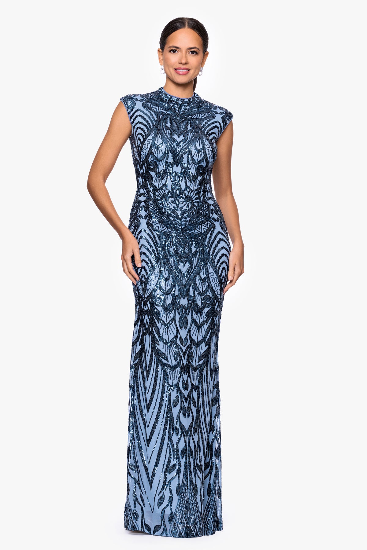 Petite "Melina" Placement Sequin Mock Neck Dress