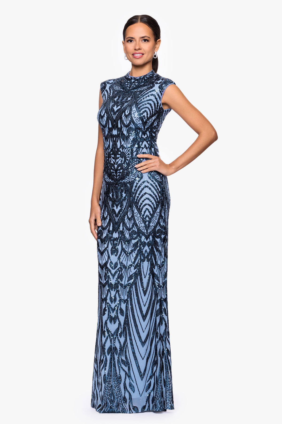 Petite "Melina" Placement Sequin Mock Neck Dress