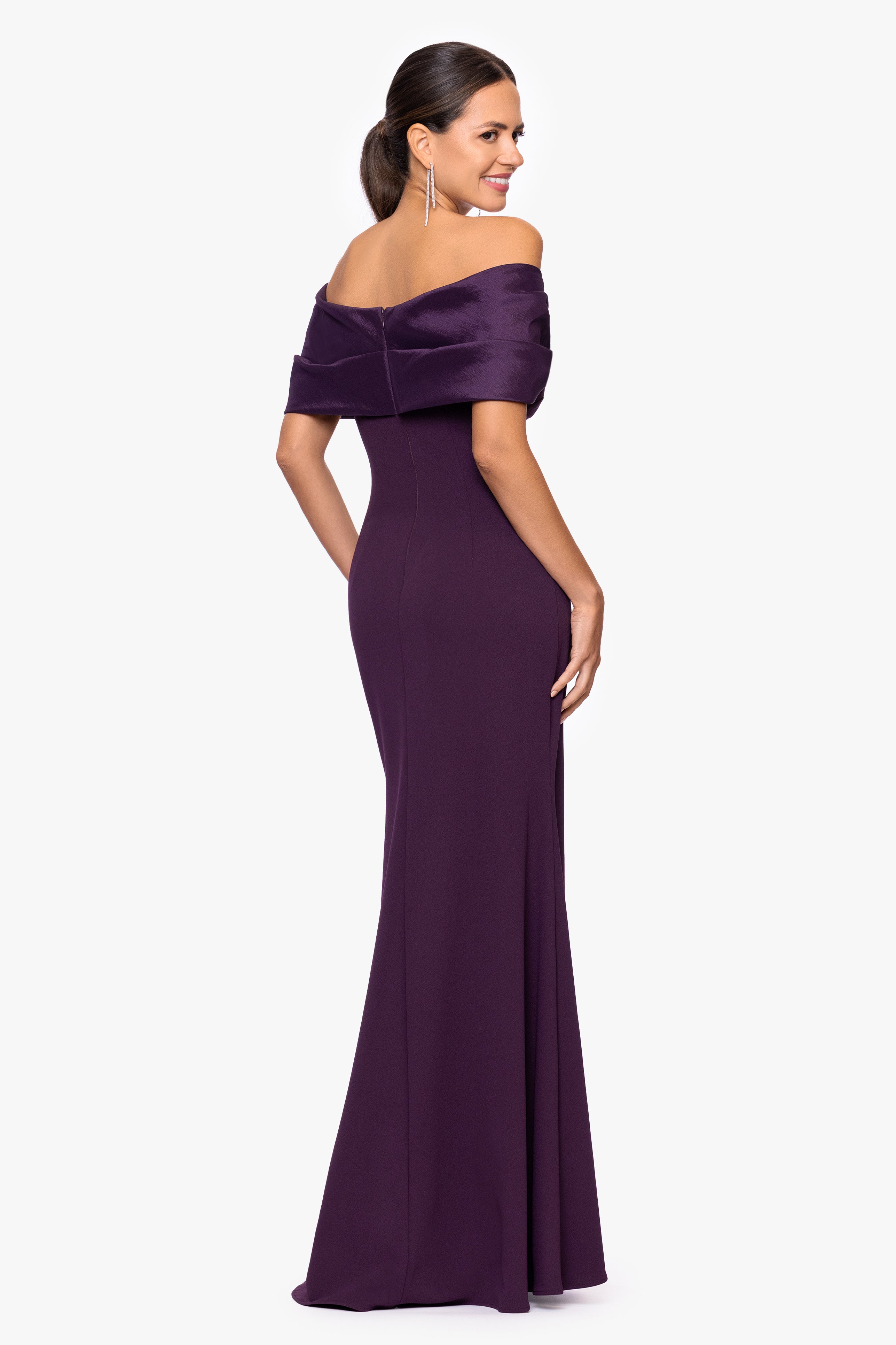 Betsy & Adam "Michelle" Scuba Crepe Off the Shouler Taffeta Trim Floor Length Dress