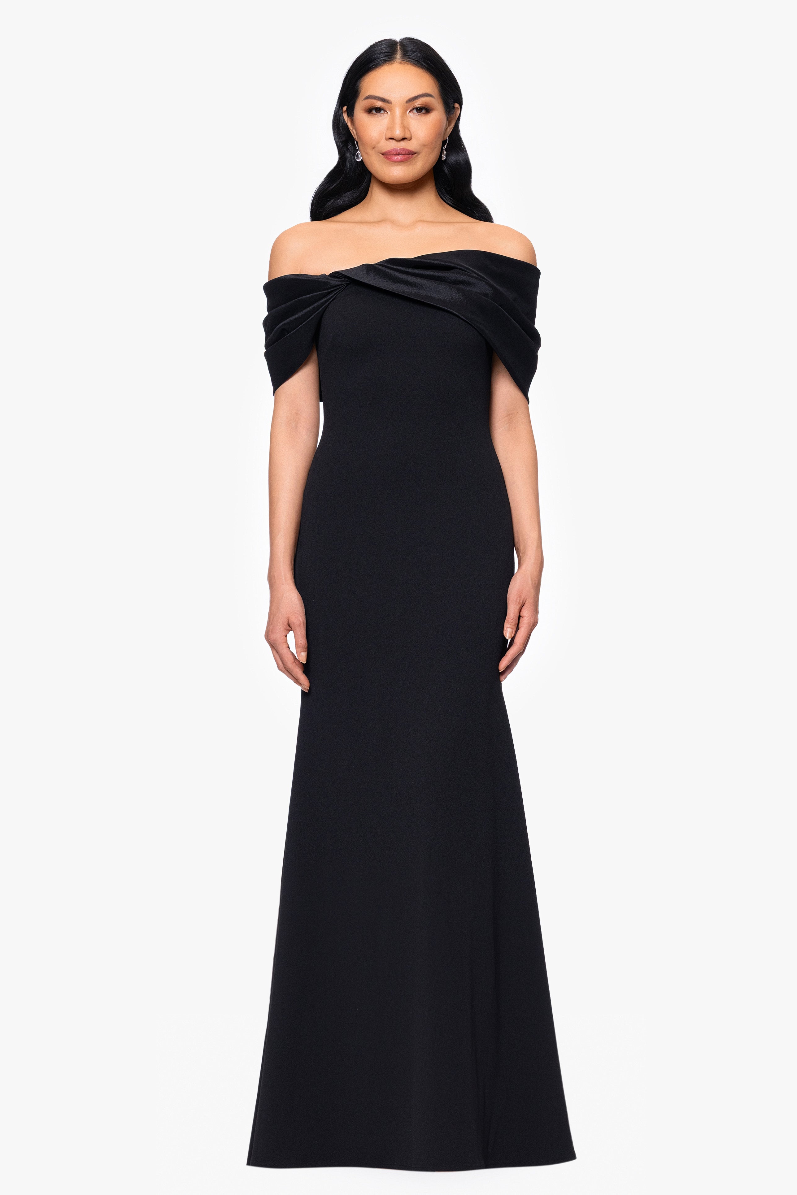 Betsy & Adam Petite "Michelle" Scuba Crepe Off the Shouler Taffeta Trim Floor Length Dress