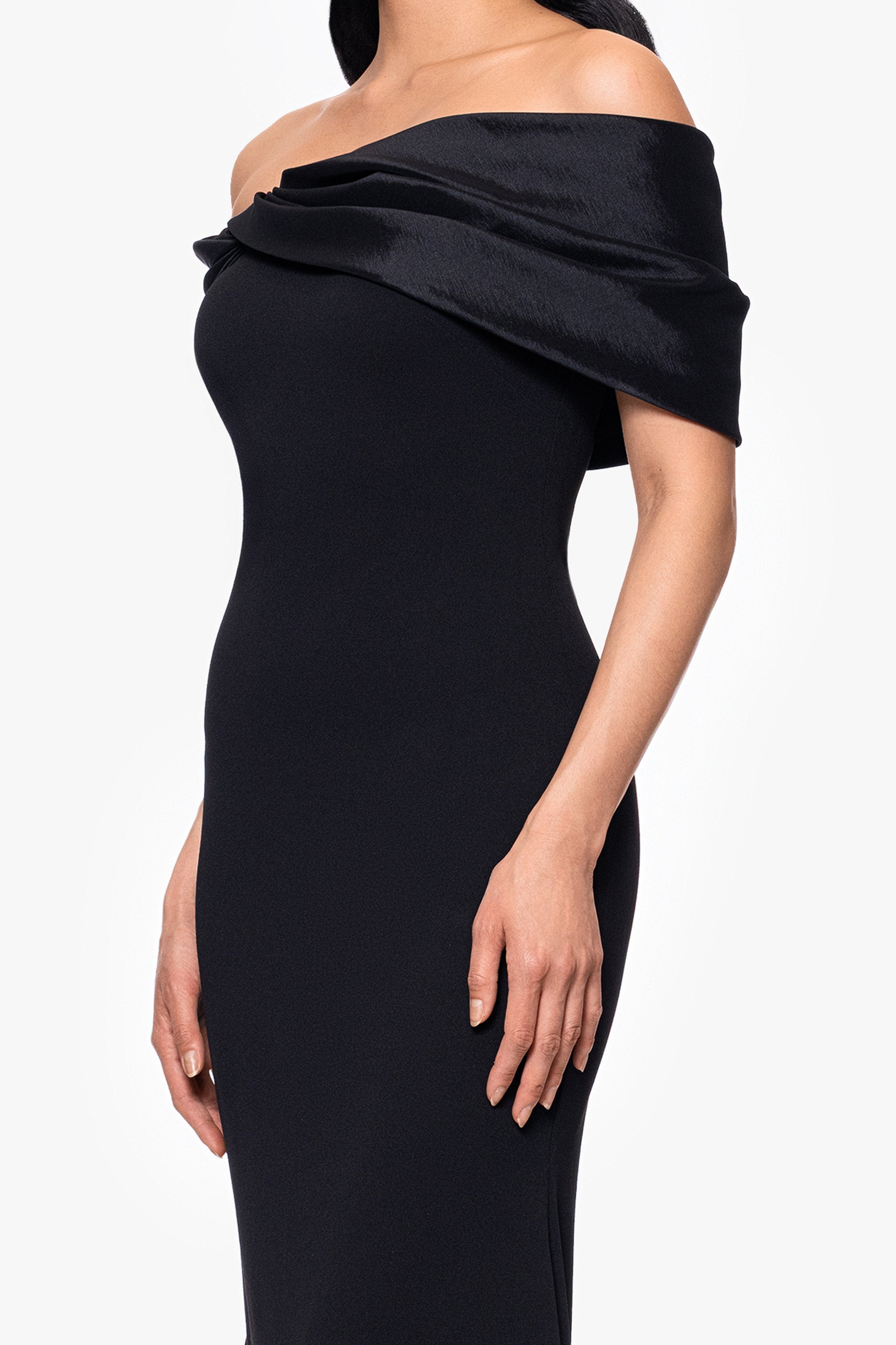 Betsy & Adam Petite "Michelle" Scuba Crepe Off the Shouler Taffeta Trim Floor Length Dress