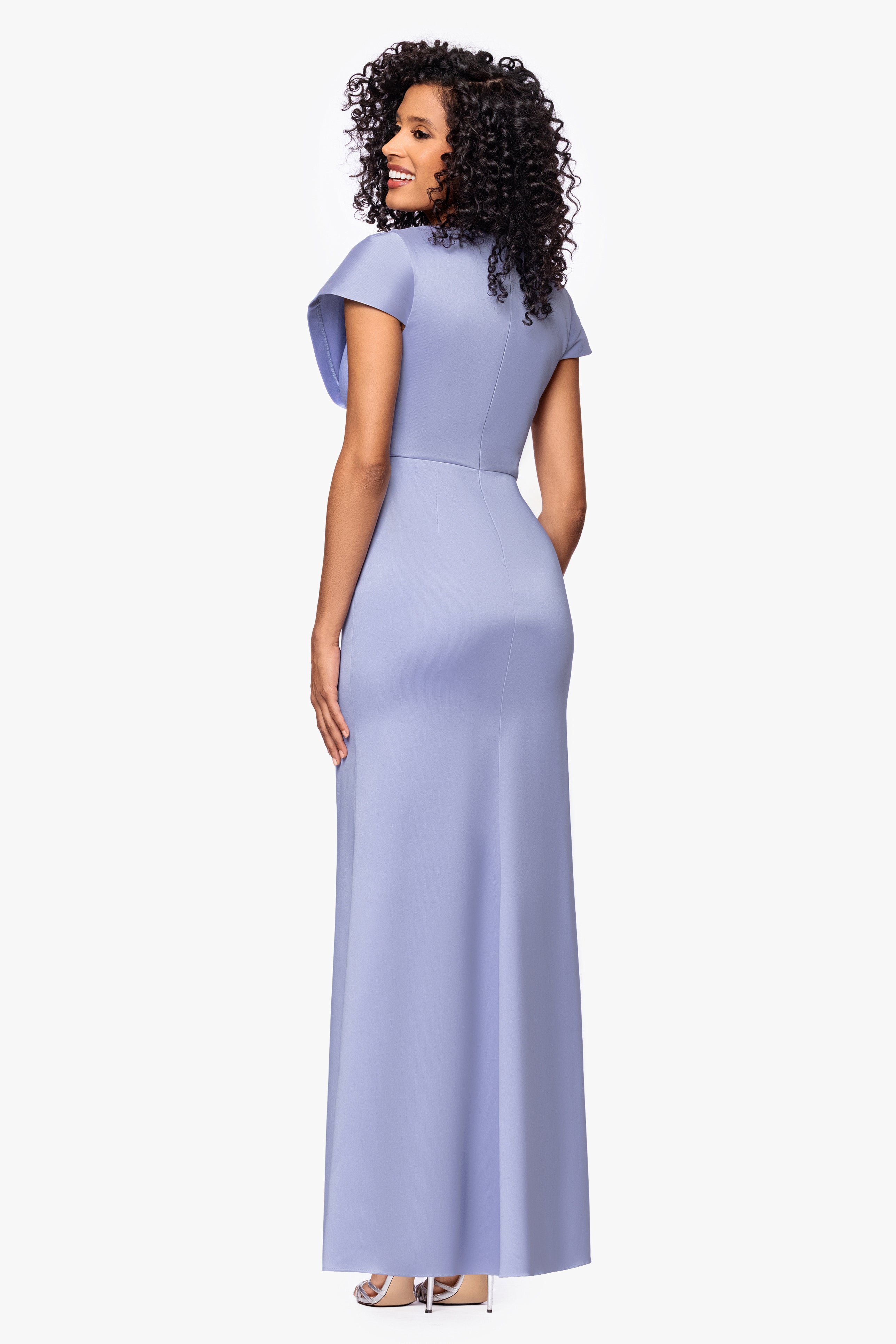 Betsy & Adam Petite "Rosa" Mikado V-Neck Floor Length Dress