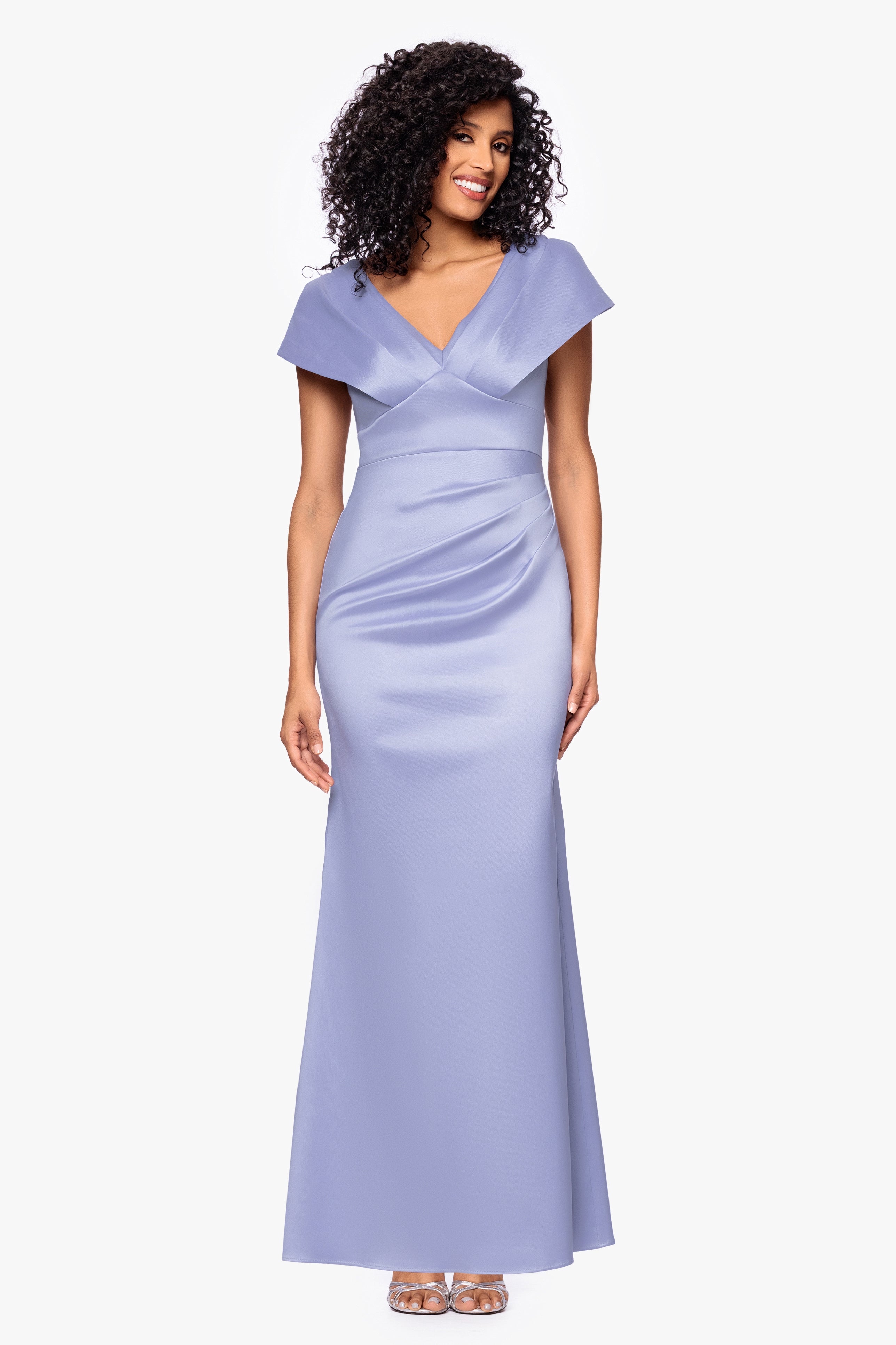 Betsy & Adam Petite "Rosa" Mikado V-Neck Floor Length Dress