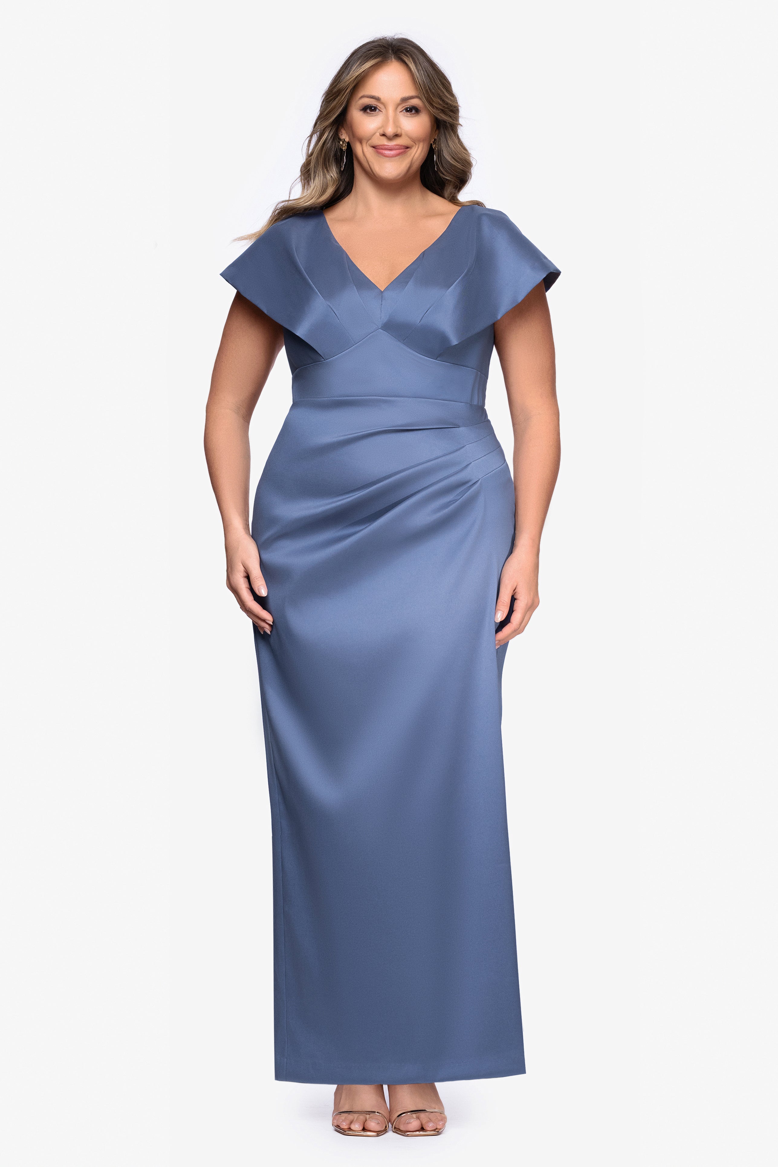 Betsy & Adam Plus "Rosa" Mikado V-Neck Floor Length Dress